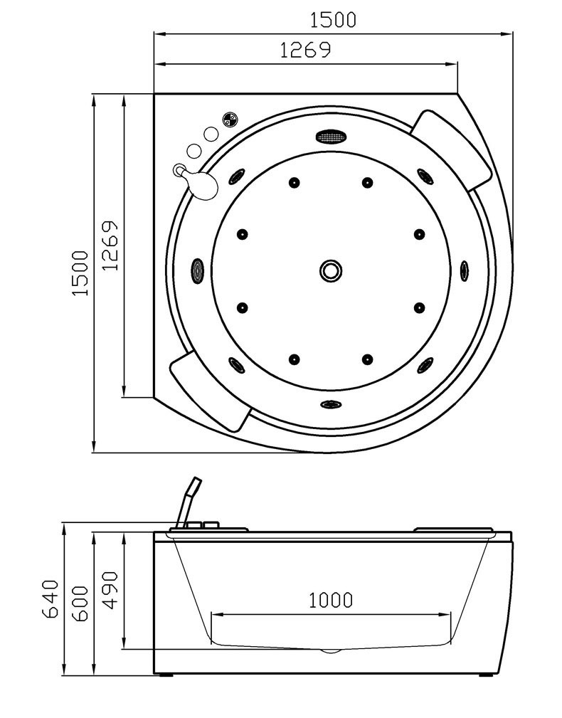 KB706 - Bồn tắm massager cao cấp, chất liệu Acrylic. Kích thước: 1500 x 1500 x 640 (mm)