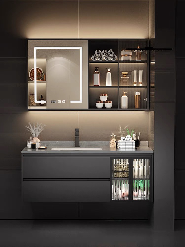TC168 - Tủ chậu nhựa Plywood + Tủ gương led ,sấy, đồng hồ + Vòi nóng lạnh cao cấp - Hàng nhập khẩu nguyên bộ
