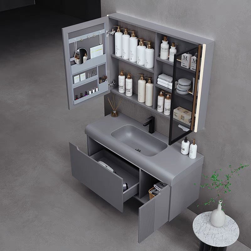 TC195 - Tủ chậu nhựa mặt chậu đá Thạch Anh liền khối màu ghi xám cao cấp