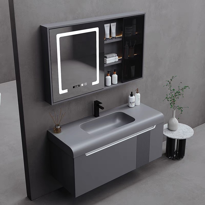 TC195 - Tủ chậu nhựa mặt chậu đá Thạch Anh liền khối màu ghi xám cao cấp