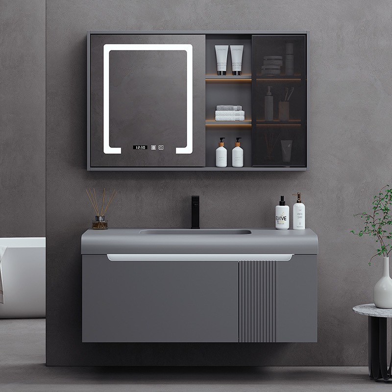 TC195 - Tủ chậu nhựa mặt chậu đá Thạch Anh liền khối màu ghi xám cao cấp