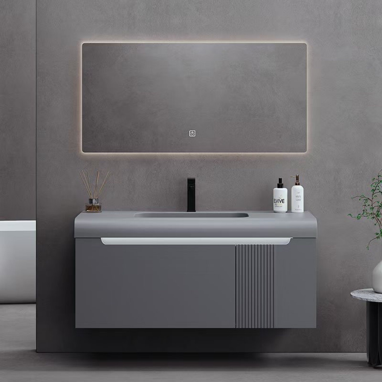 TC195 - Tủ chậu nhựa mặt chậu đá Thạch Anh liền khối màu ghi xám cao cấp