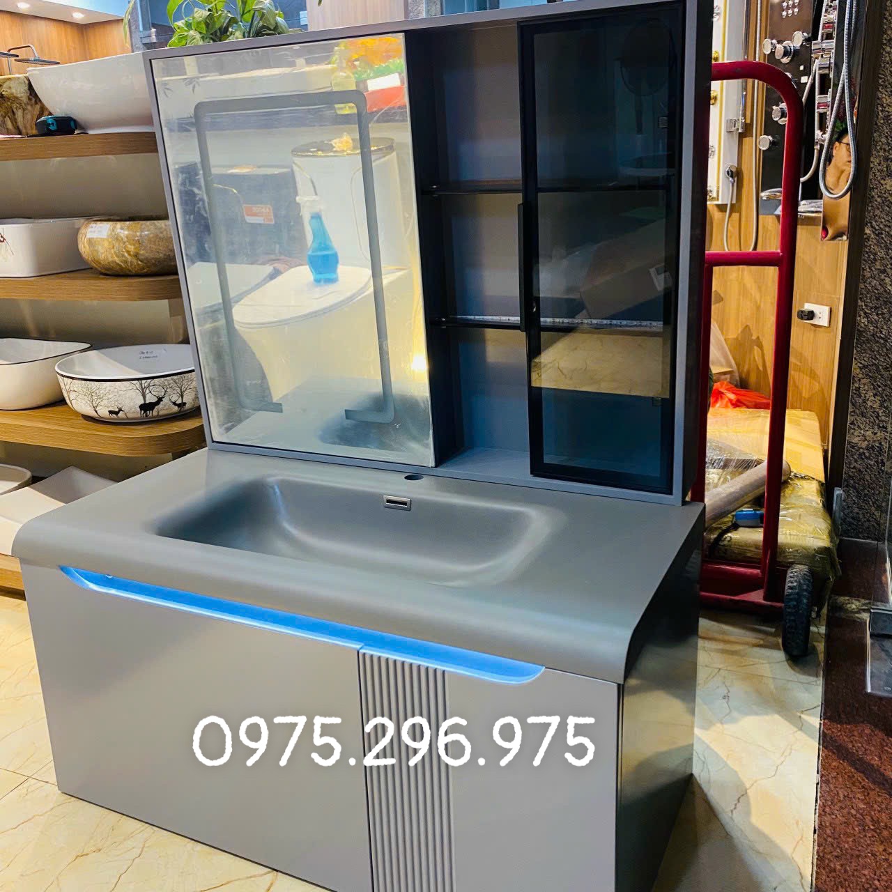 TC195 - Tủ chậu nhựa mặt chậu đá Thạch Anh liền khối màu ghi xám cao cấp