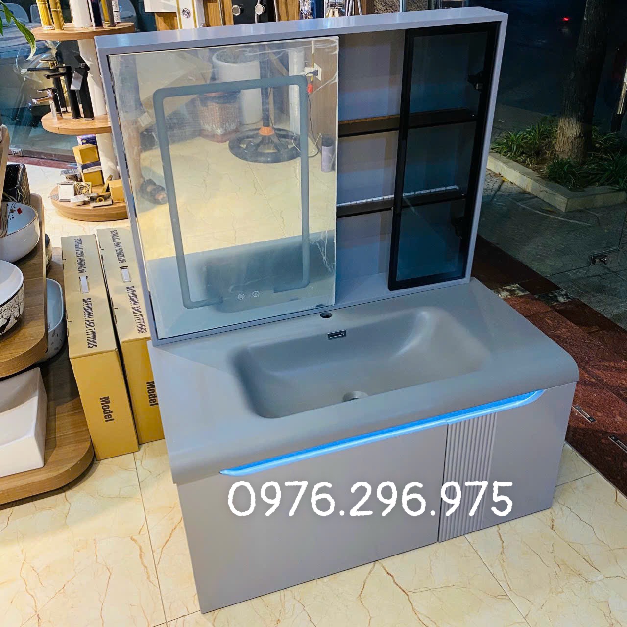 TC195 - Tủ chậu nhựa mặt chậu đá Thạch Anh liền khối màu ghi xám cao cấp