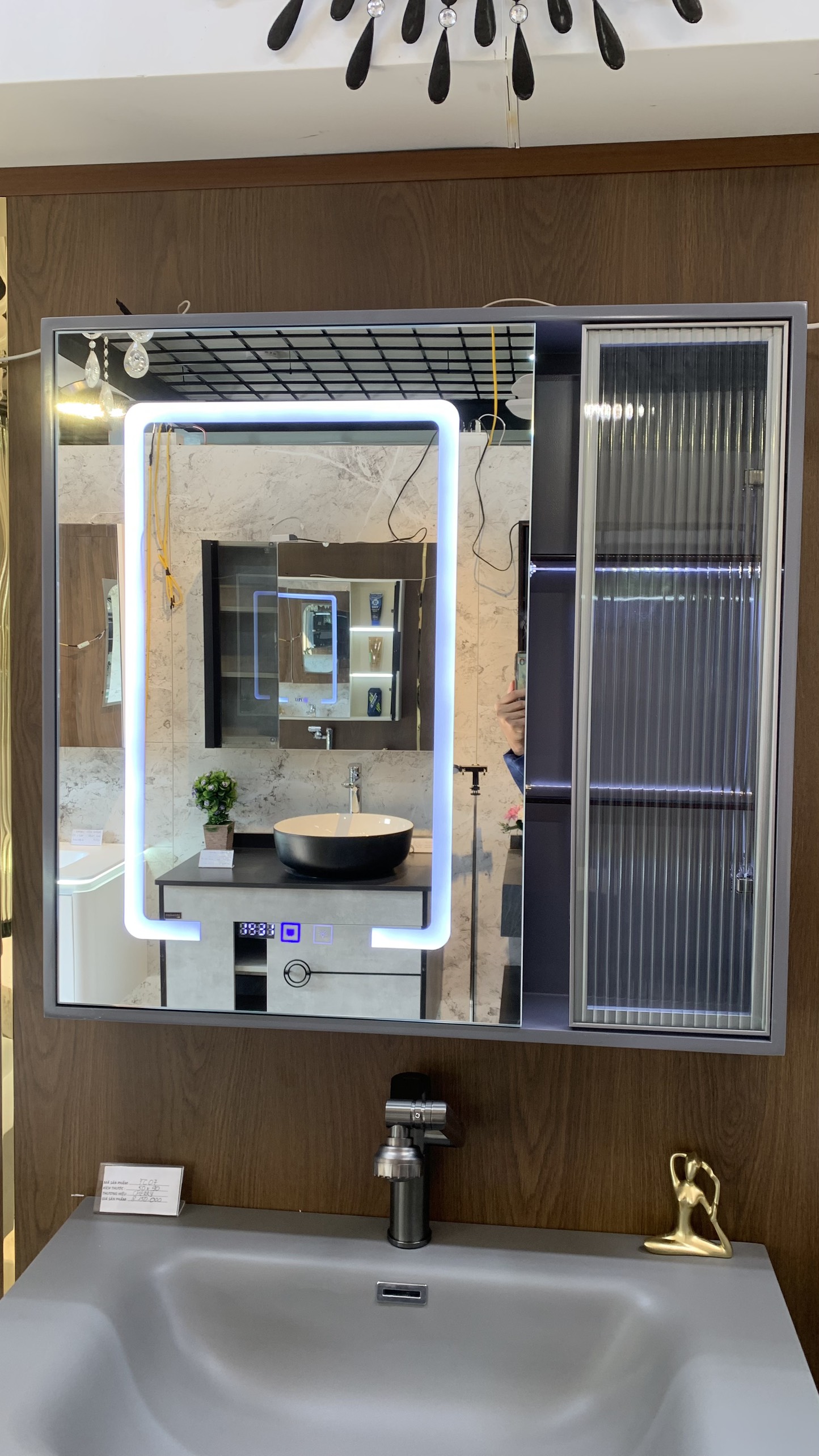 TC195 - Tủ chậu nhựa mặt chậu đá Thạch Anh liền khối màu ghi xám cao cấp