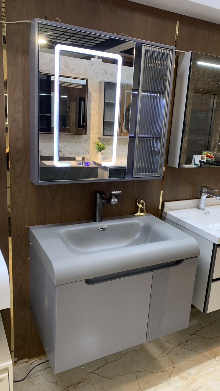 TC195 - Tủ chậu nhựa mặt chậu đá Thạch Anh liền khối màu ghi xám cao cấp