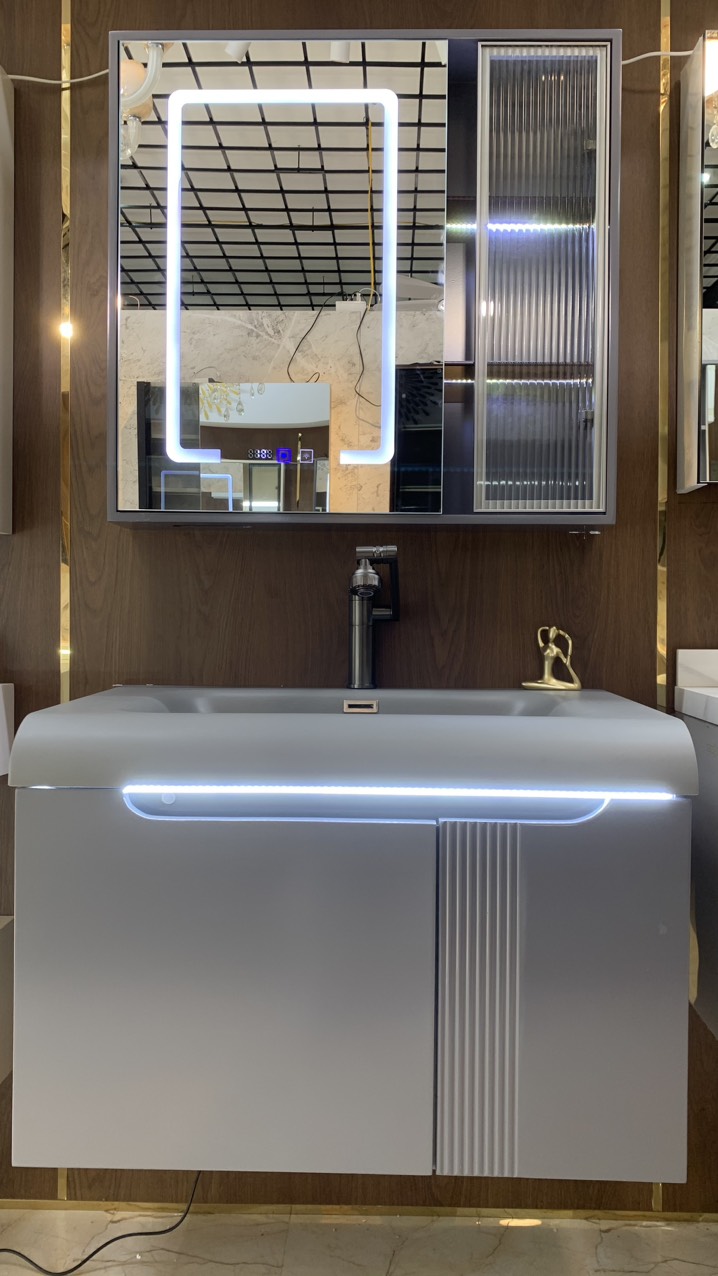 TC195 - Tủ chậu nhựa mặt chậu đá Thạch Anh liền khối màu ghi xám cao cấp