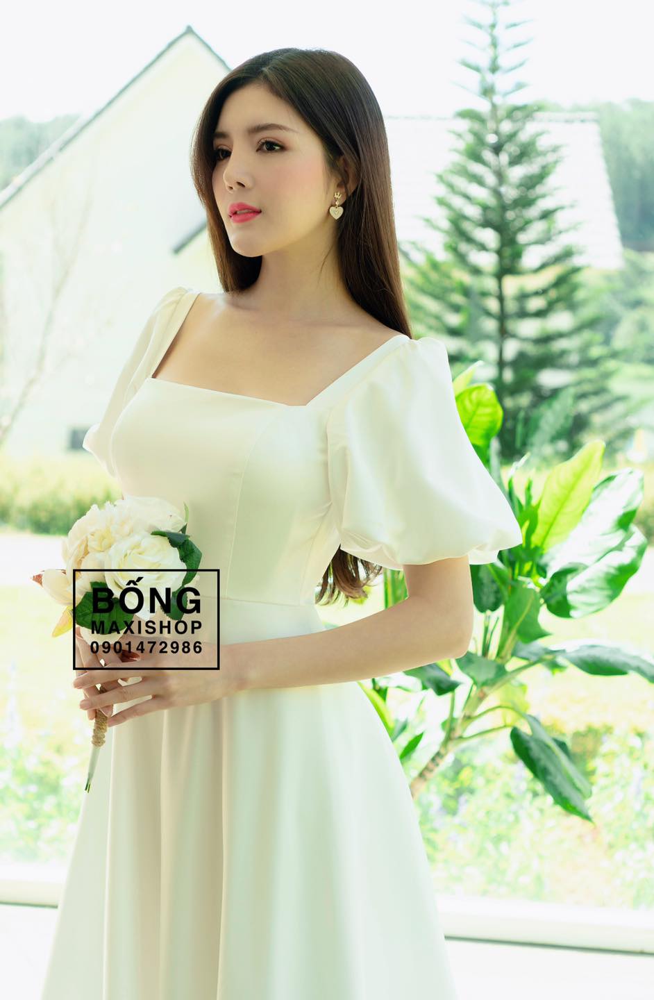 Váy Cưới Lụa 2 Da Tay Bí Cổ Vuông DC591