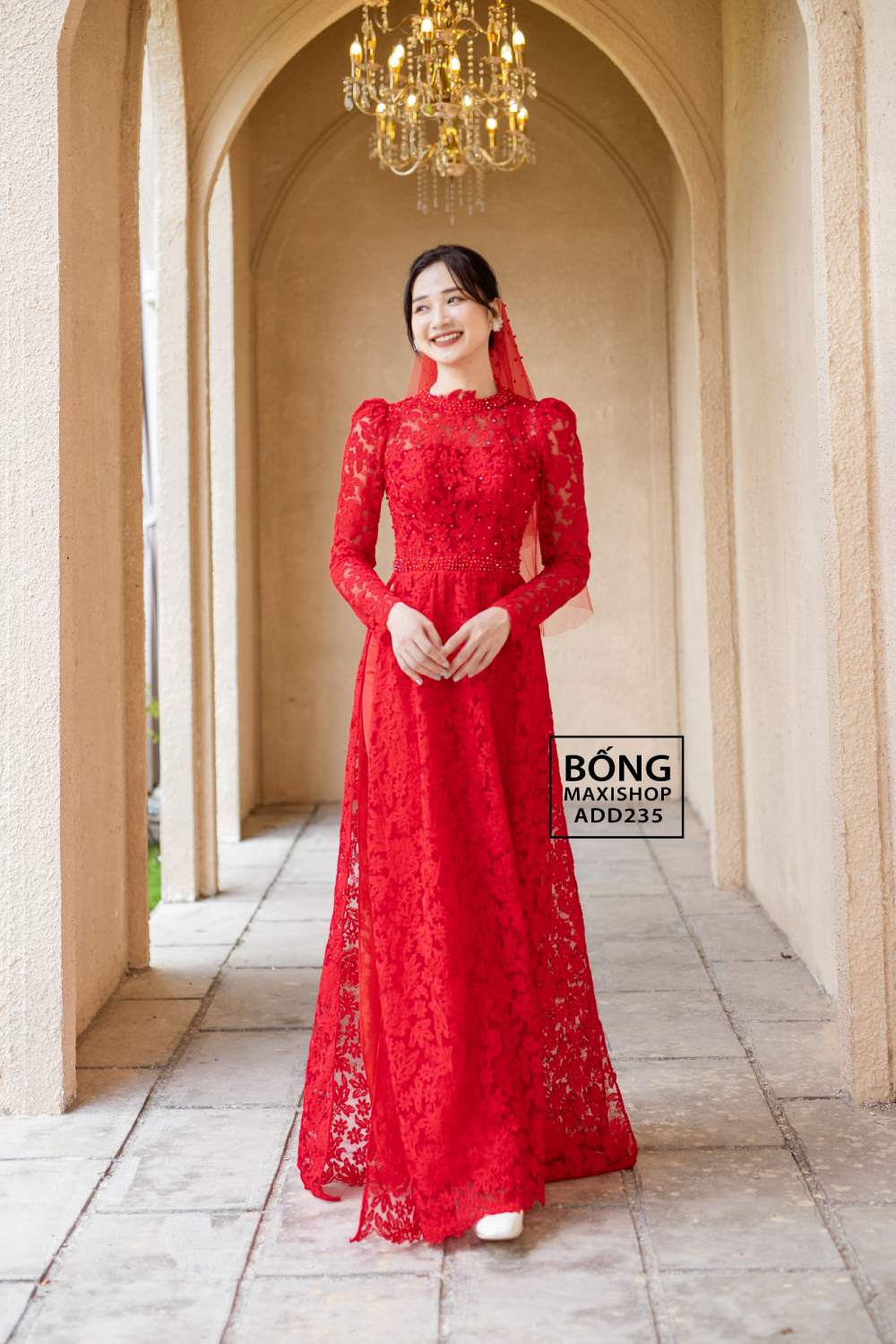 Áo dài cưới đỏ ren lưng cài ngọc trai ADD235 mang vẻ đẹp quý phái