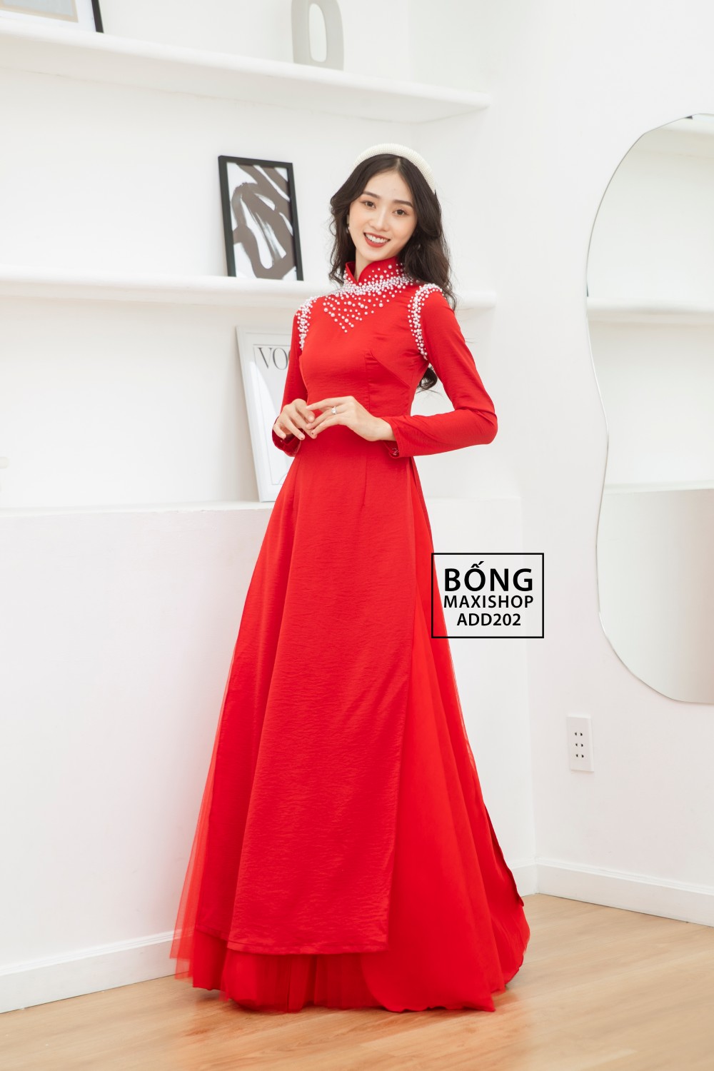 Mẫu áo dài cưới đẹp 2022 - Áo dài cưới màu đỏ lụa tủa ngọc ADD202