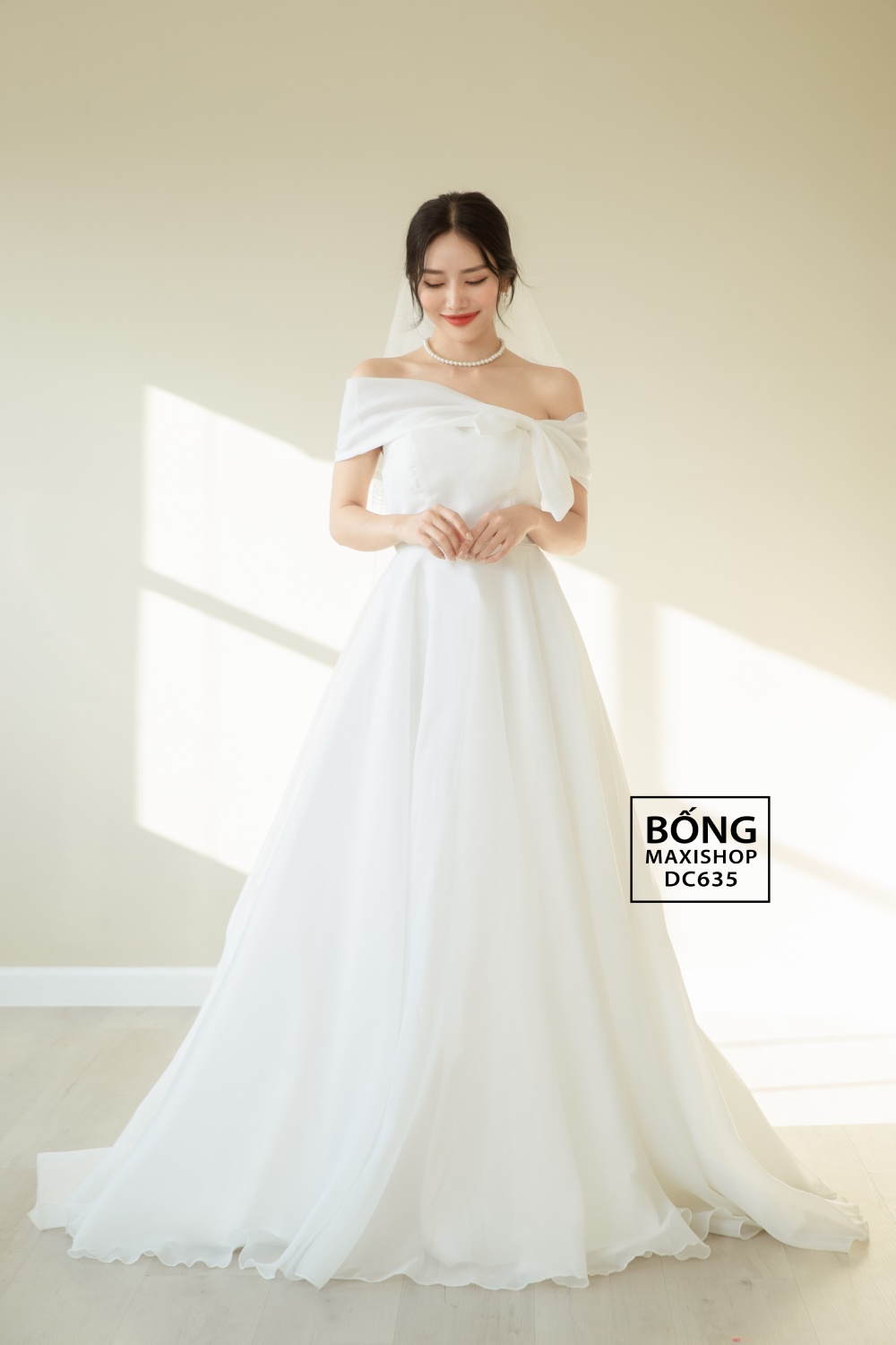 Váy cưới voan trắng dài kiểu dáng tiểu thư, dễ thương #1109