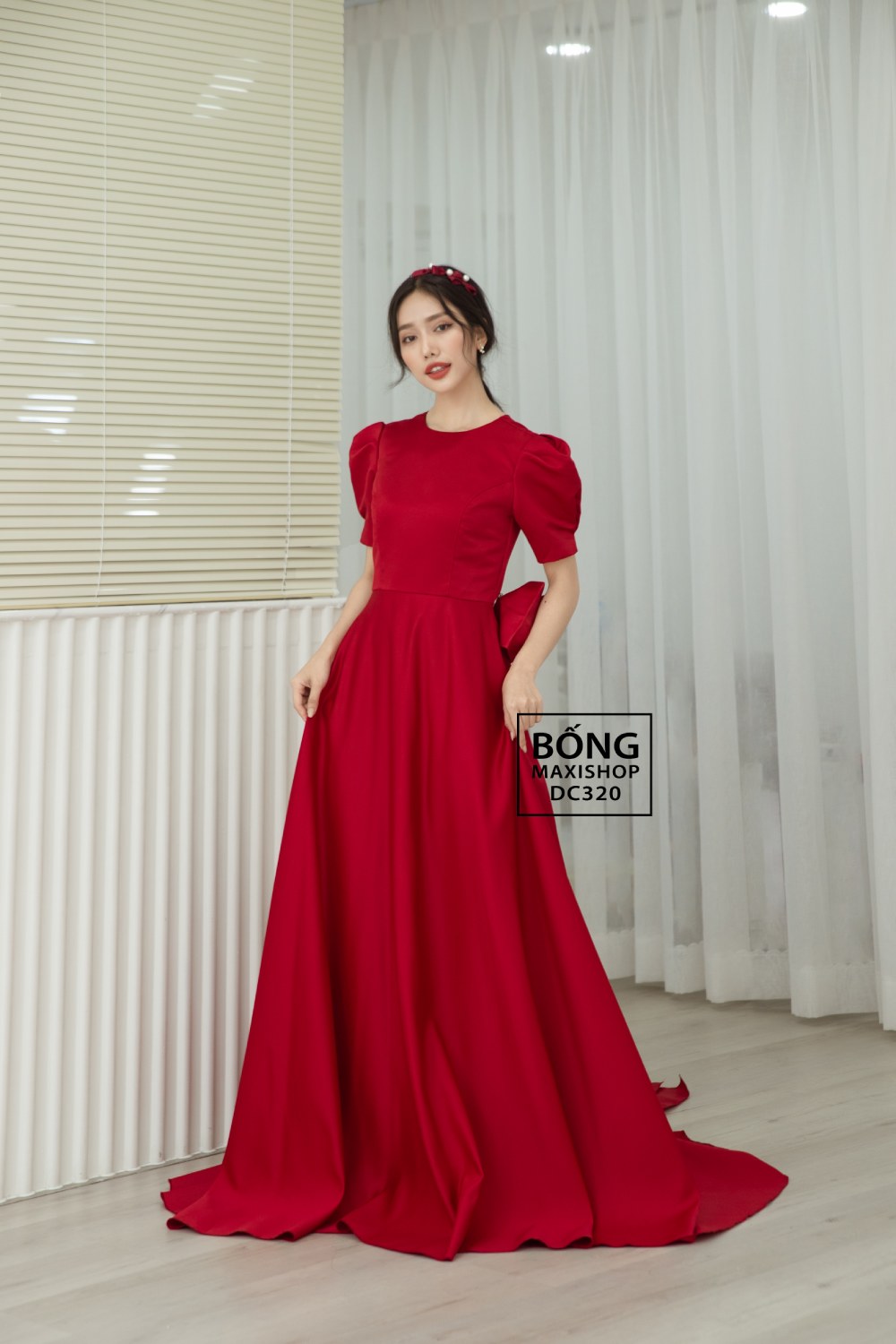 Váy cưới hot 2022 thiết kế tay phồng - Váy Cưới Phi Nhật Đỏ Nơ Kép 145 DC320