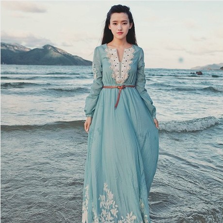 Giảm giá Váy đầm maxi xanh váy đi biển style vintage bohemian  BeeCost