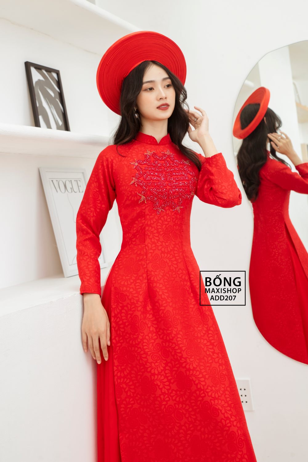 Áo dài cô dâu gấm me đỏ kết cườm ADD207 Bống Maxishop Áo Dài Cô Dâu Gấm Me Đỏ Kết Cườm Add207 Bống Maxishop