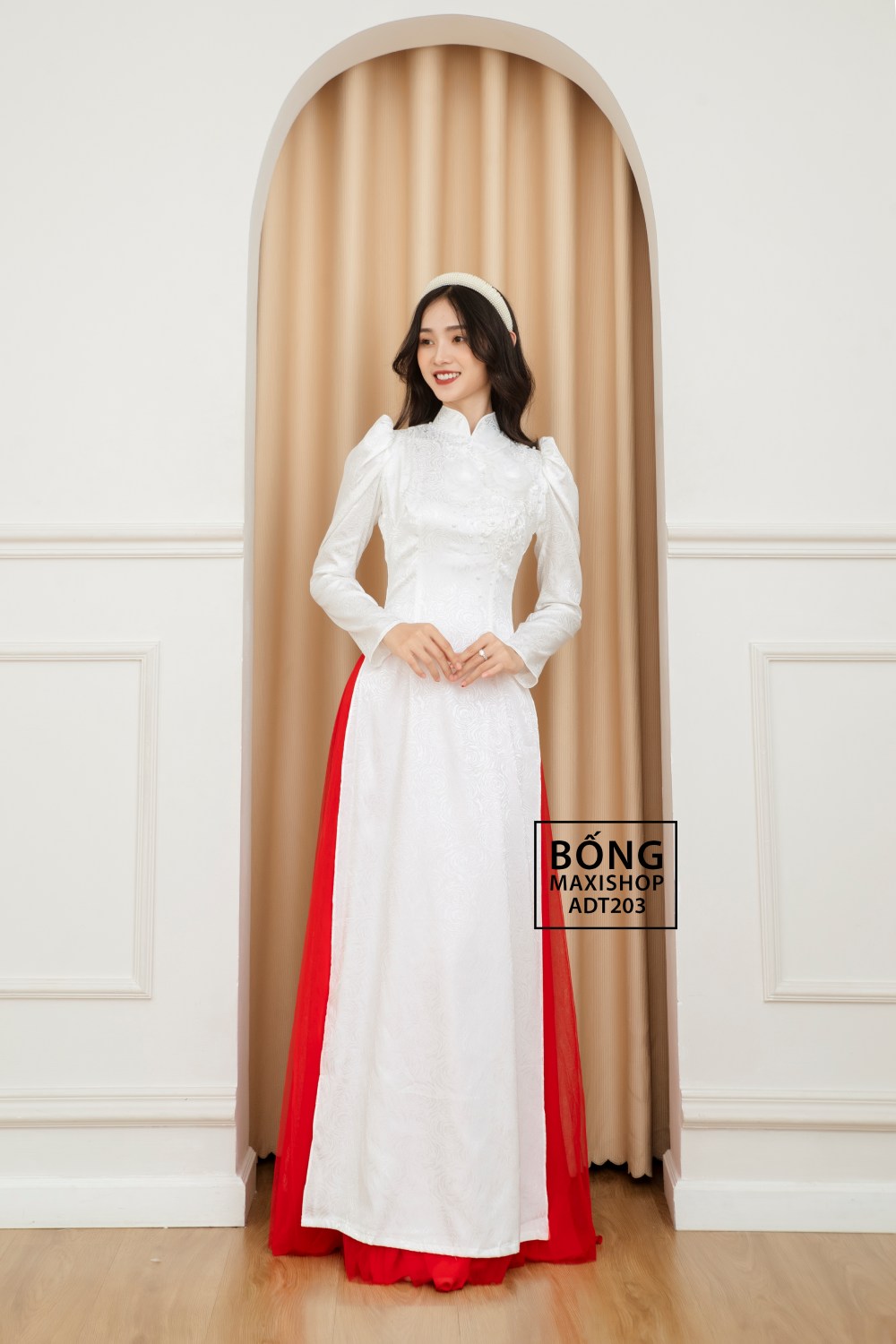 Áo dài cô dâu gấm trắng tay phồng 4 tà nền hồng lớn ADT203 Bống Maxishop Áo Dài Cô Dâu Gấm Trắng Tay Phồng 4 Tà Nền Hồng Lớn Adt203 Bống Maxishop