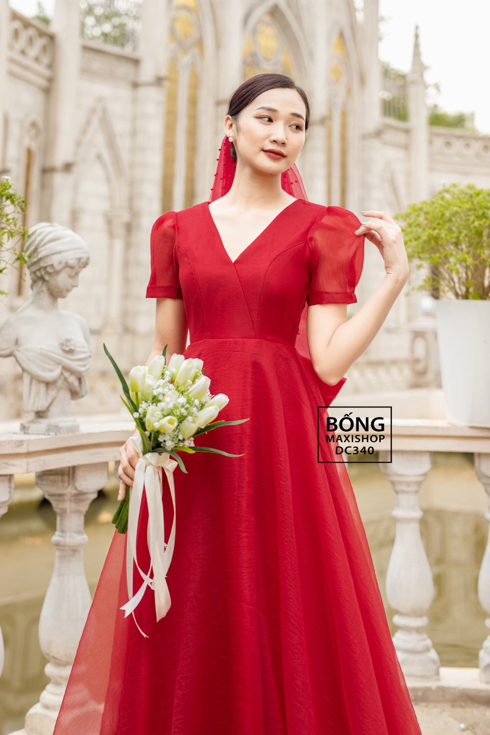 Đầm hoa đỏ nhí voan lụa - Quần Áo Xưởng May ANN