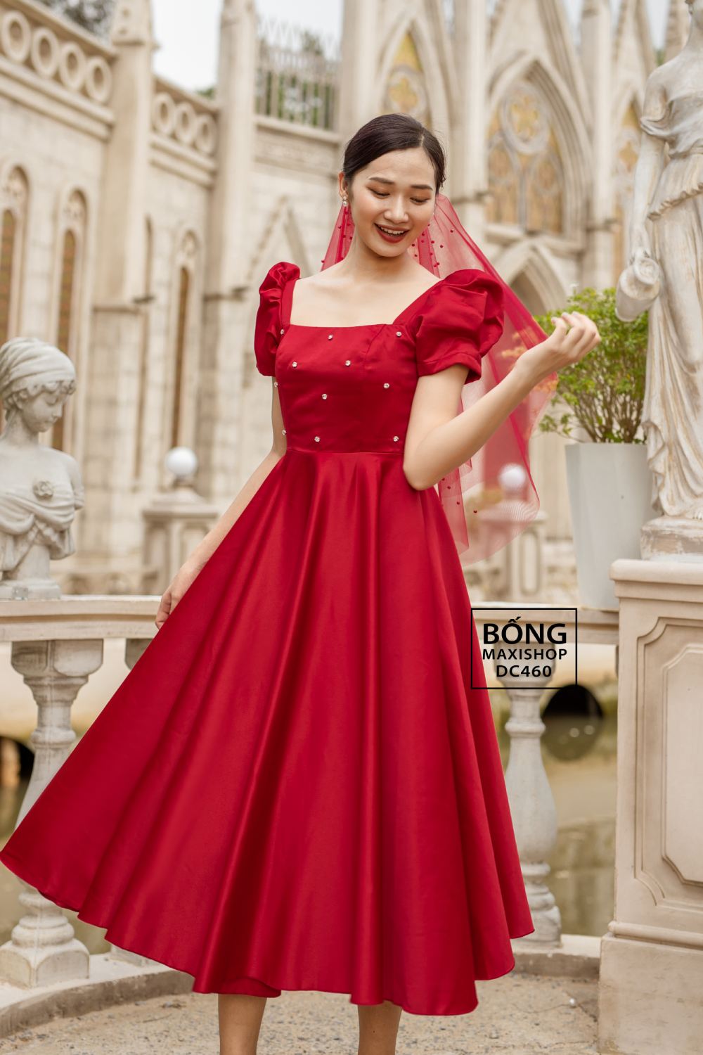 Váy đỏ cổ chéo đính nơ dáng xòe tiểu thư V4174 - Thời Trang Tadi