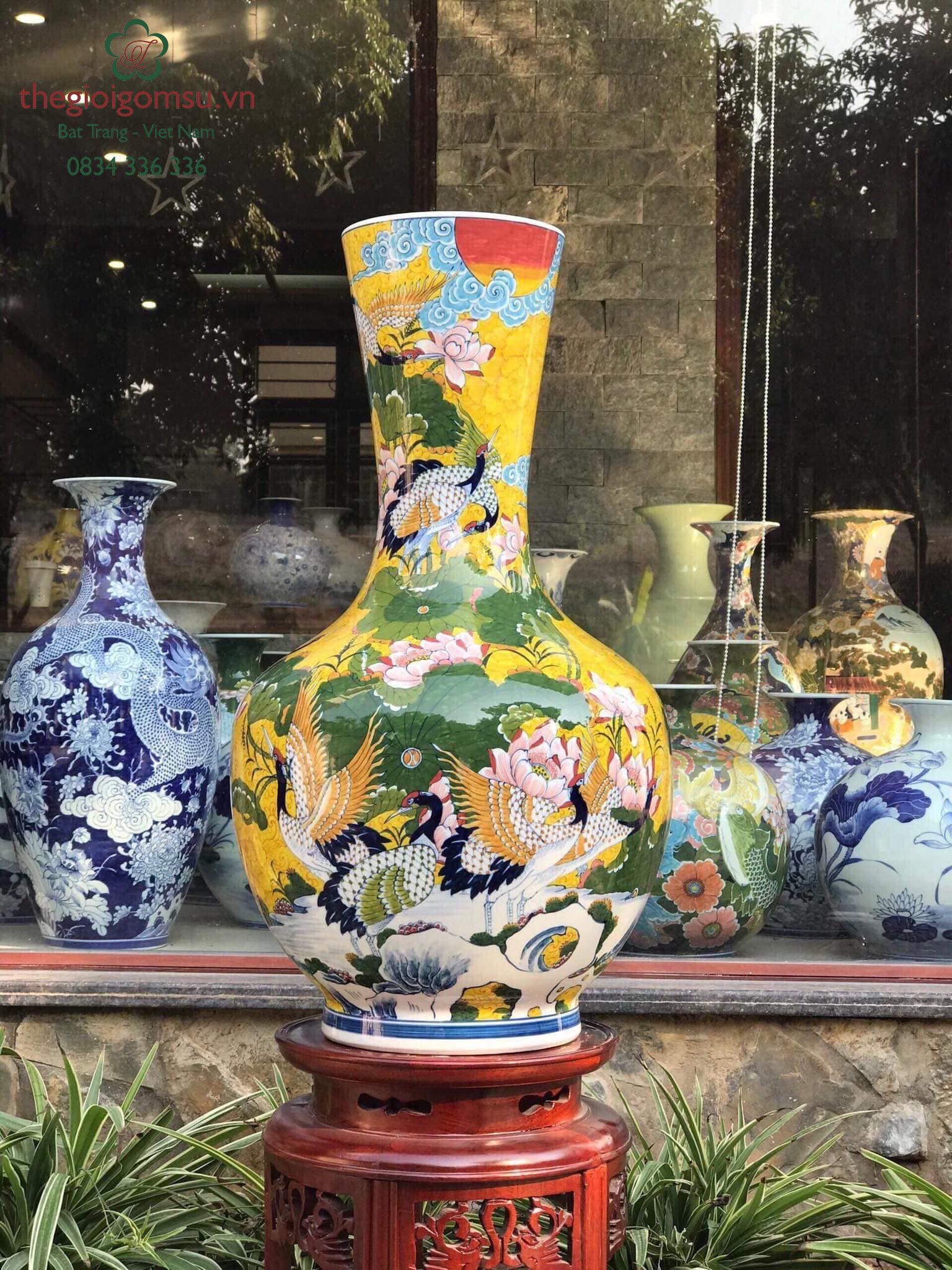 bình phong thủy hình tỏi "Chim hạc hoa sen" nền vàng đại cát