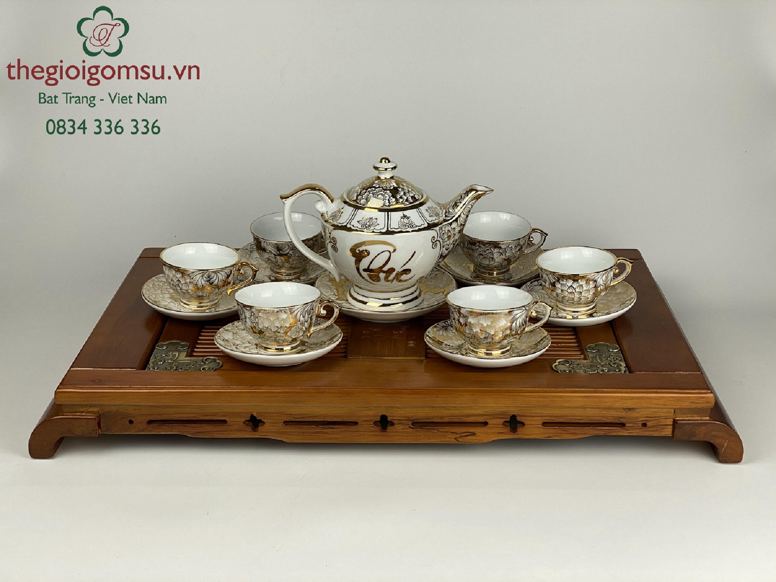 Bộ ấm chén "Chữ phúc hoa sen trang trí" vẽ vàng 24K