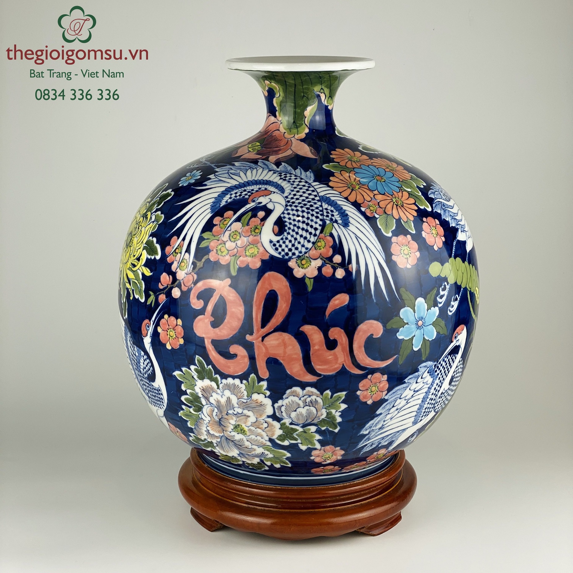 Bình hút tài lộc "Chim Hạc chữ Phúc đỏ"