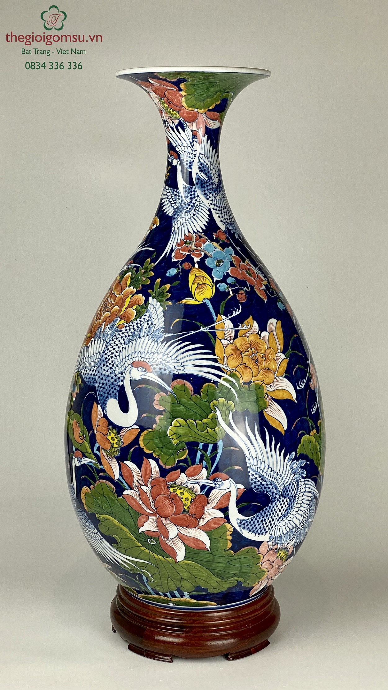 bình tỏi phong thủy "Chim hạc bách hoa" xanh đại thanh