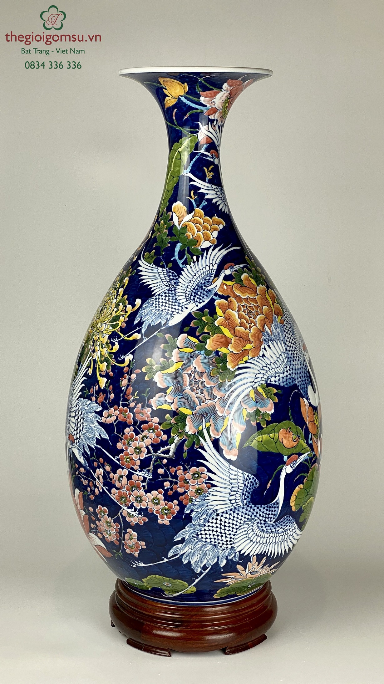 bình tỏi phong thủy "Chim hạc bách hoa" xanh đại thanh