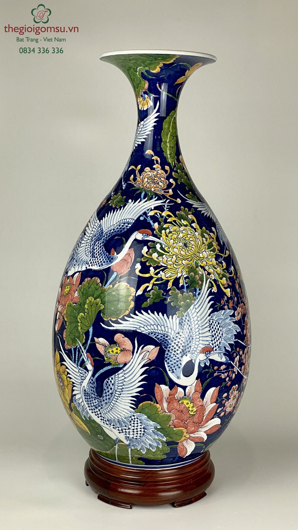 bình tỏi phong thủy "Chim hạc bách hoa" xanh đại thanh