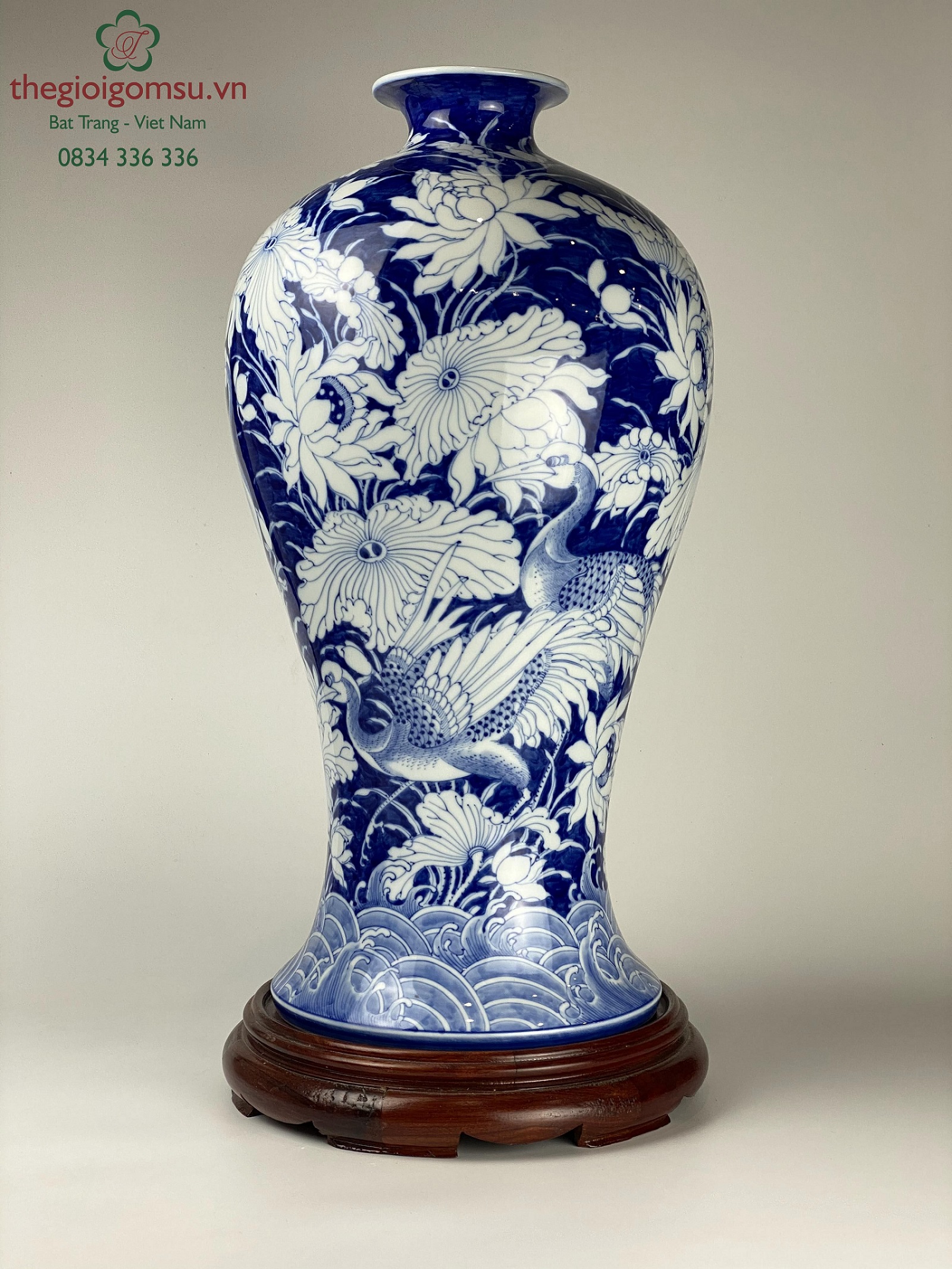 Mai bình tích lộc "Chim hạc hoa sen" xanh đại thanh