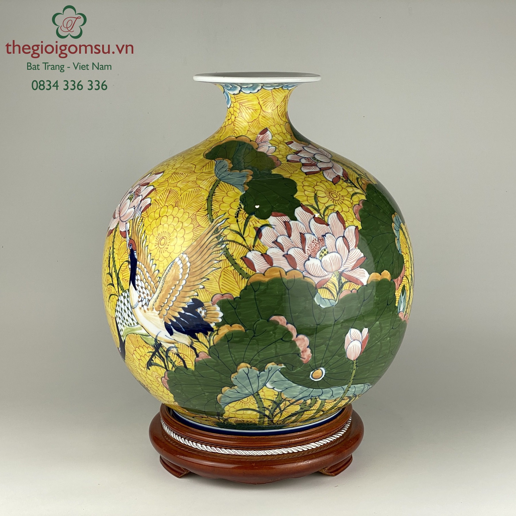 Bình hút tài lộc "Hạc hoa sen" nền vàng đại cát