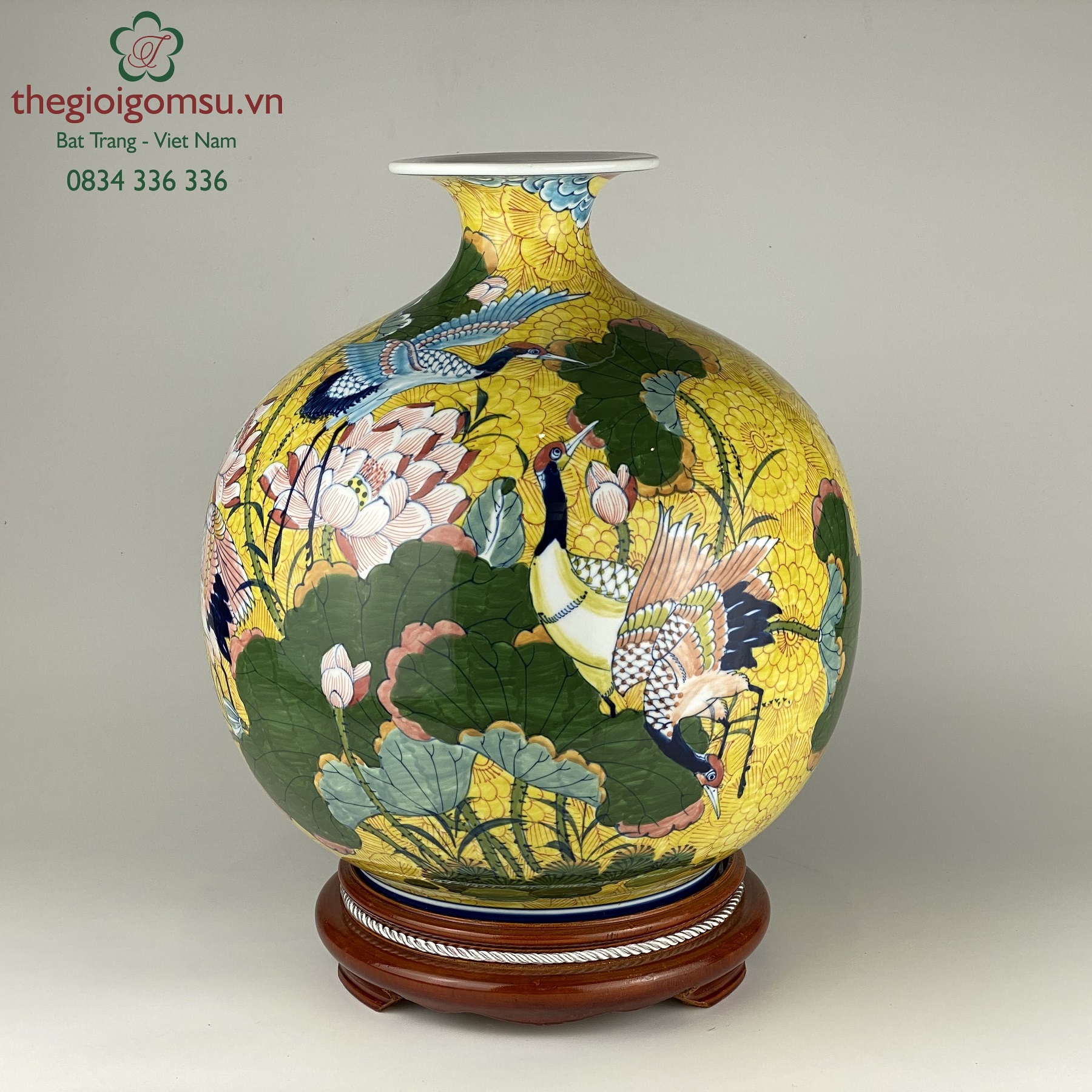 Bình hút tài lộc "Hạc hoa sen" nền vàng đại cát