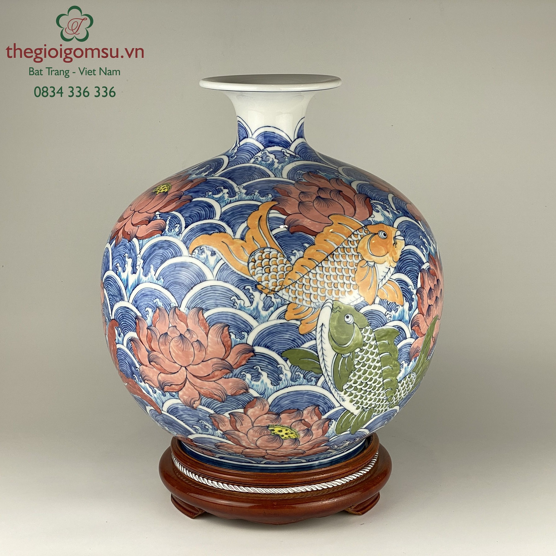 Bình hút tài lộc "Cá chép liên hoa bơi trên sóng"