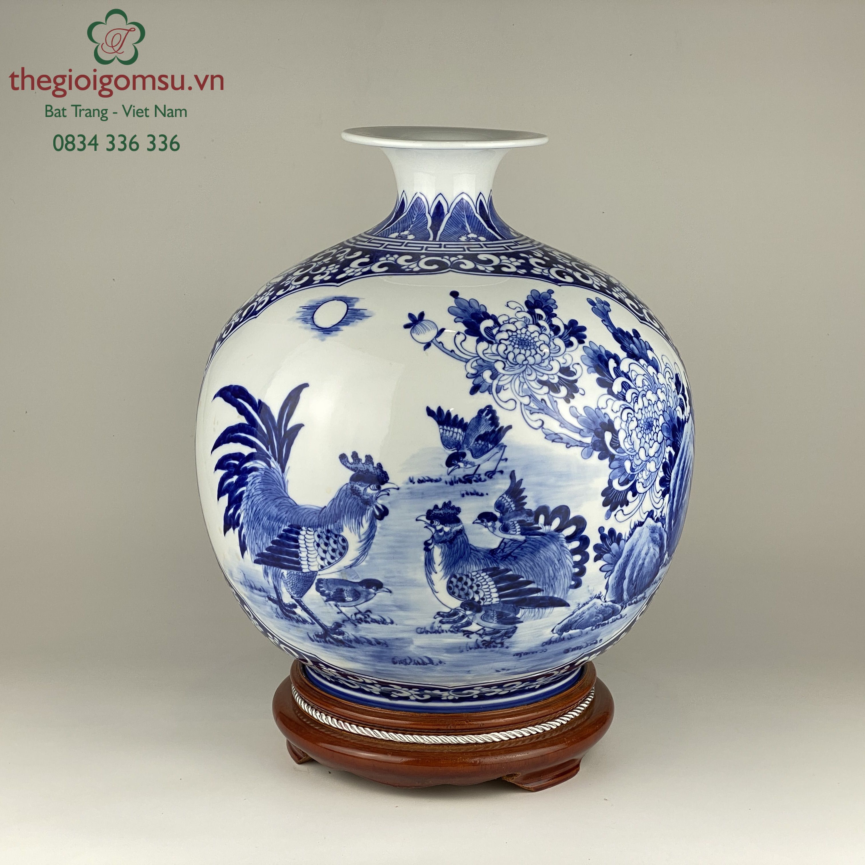 Bình hút tài lộc "Nhị cảnh đôi công và gà trống mái"xanh ngọc bích