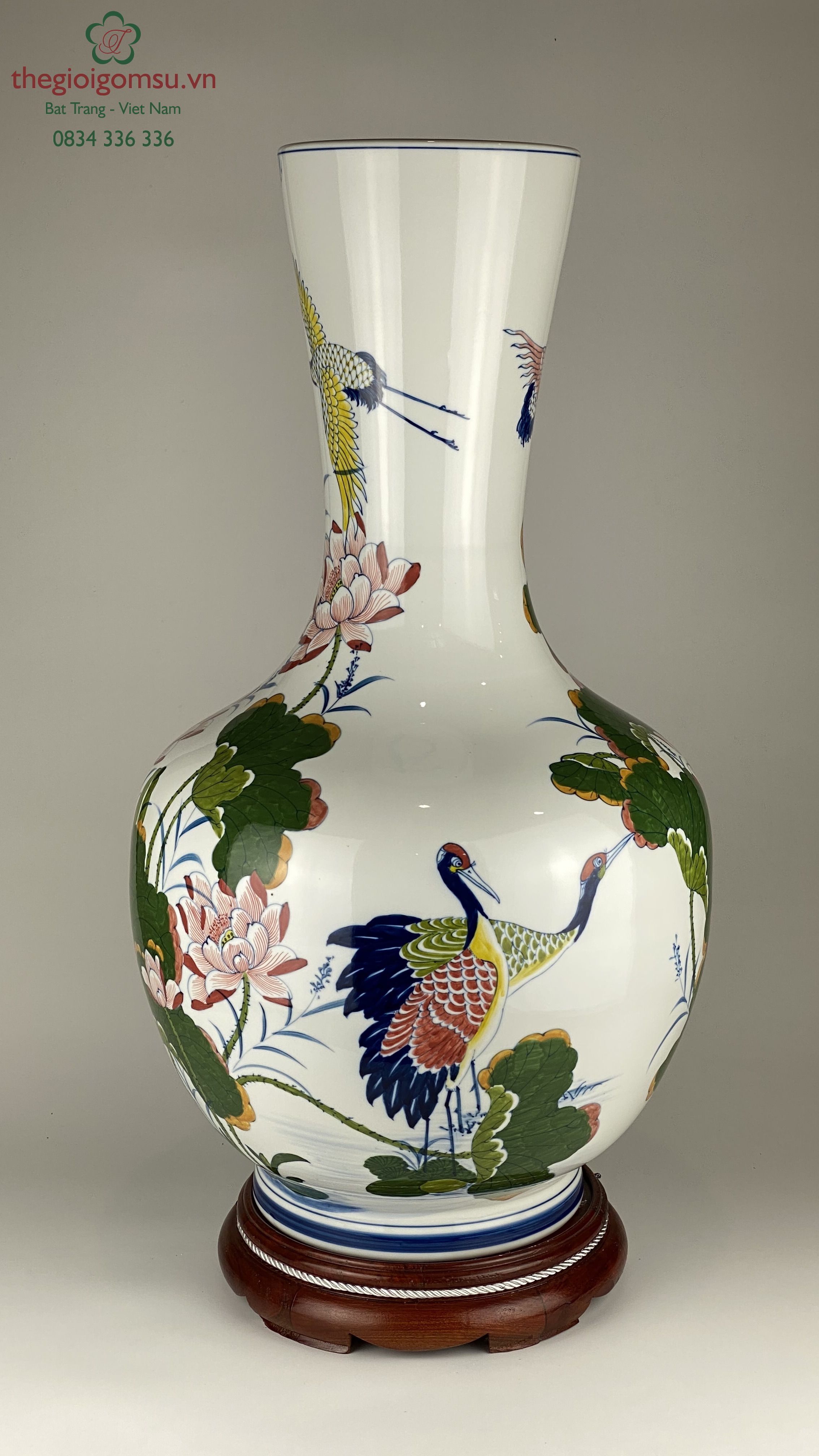 Bình phong thủy hình tỏi "Chim hạc hoa sen" nền trắng tuyết