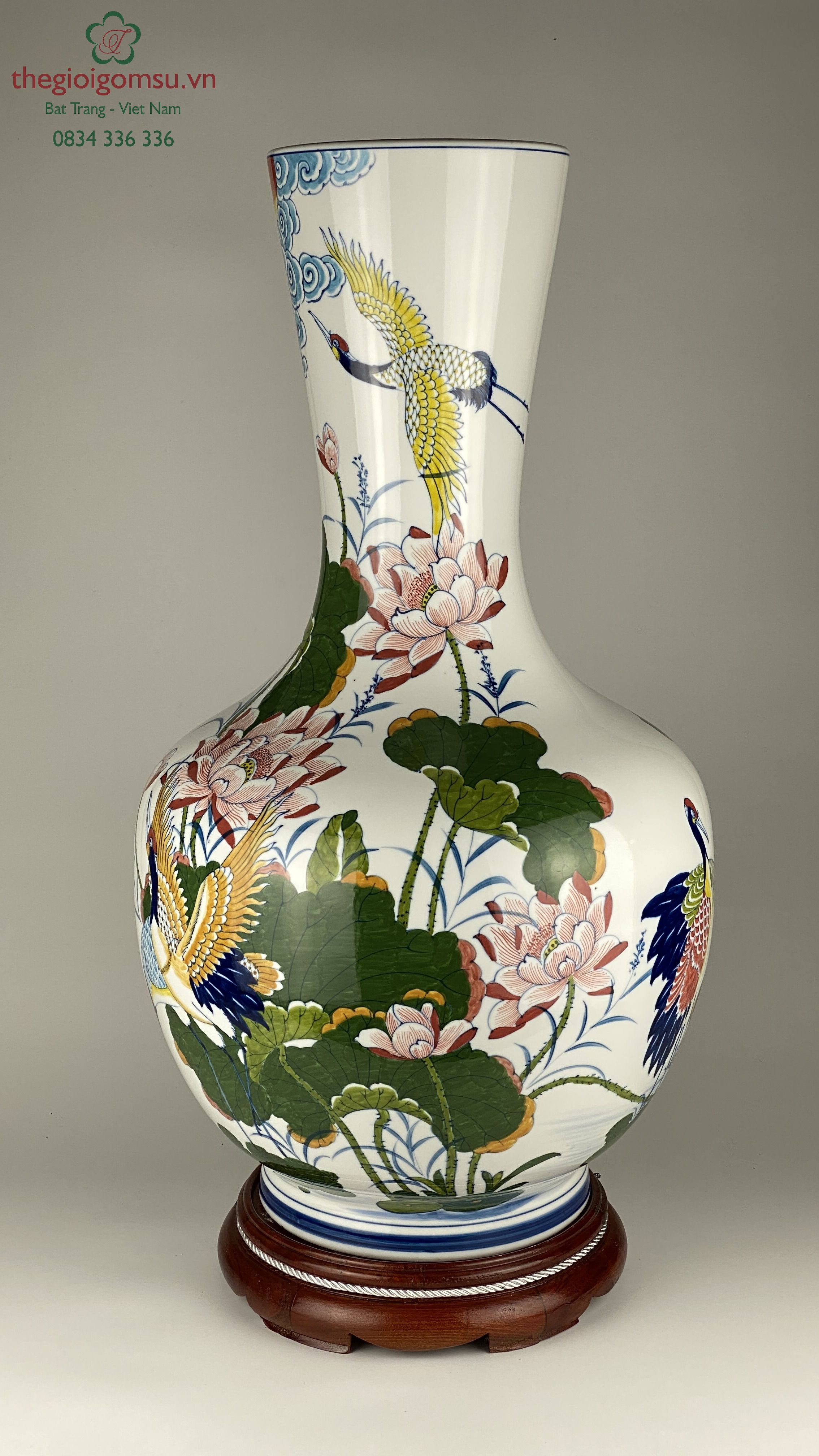 Bình phong thủy hình tỏi "Chim hạc hoa sen" nền trắng tuyết