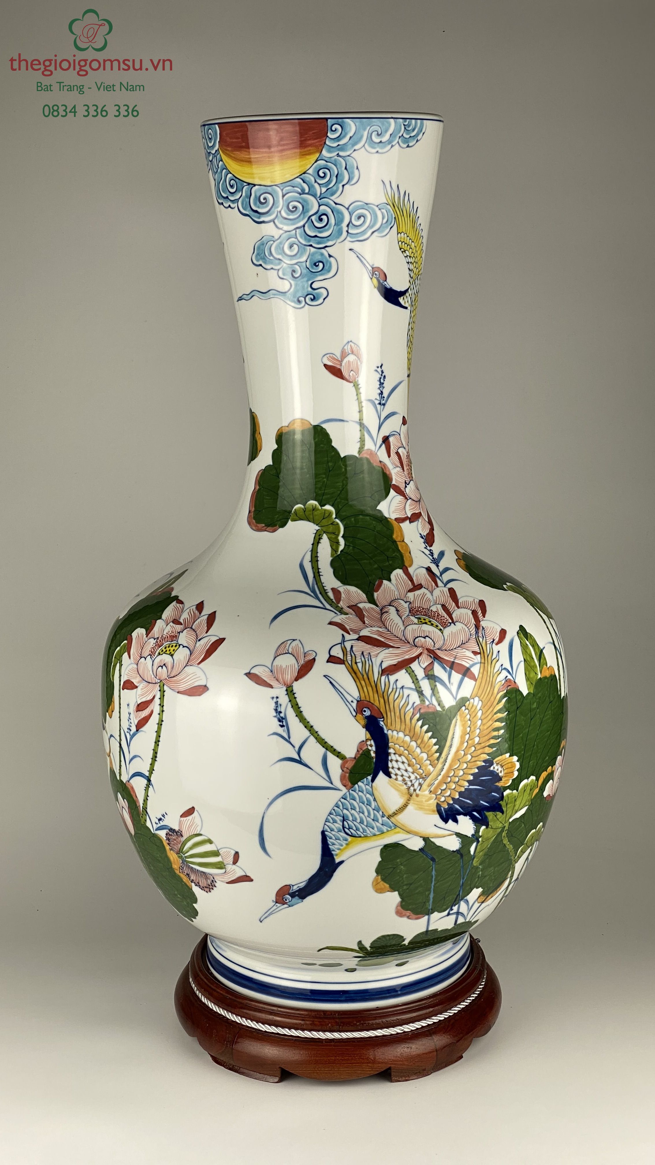 Bình phong thủy hình tỏi "Chim hạc hoa sen" nền trắng tuyết