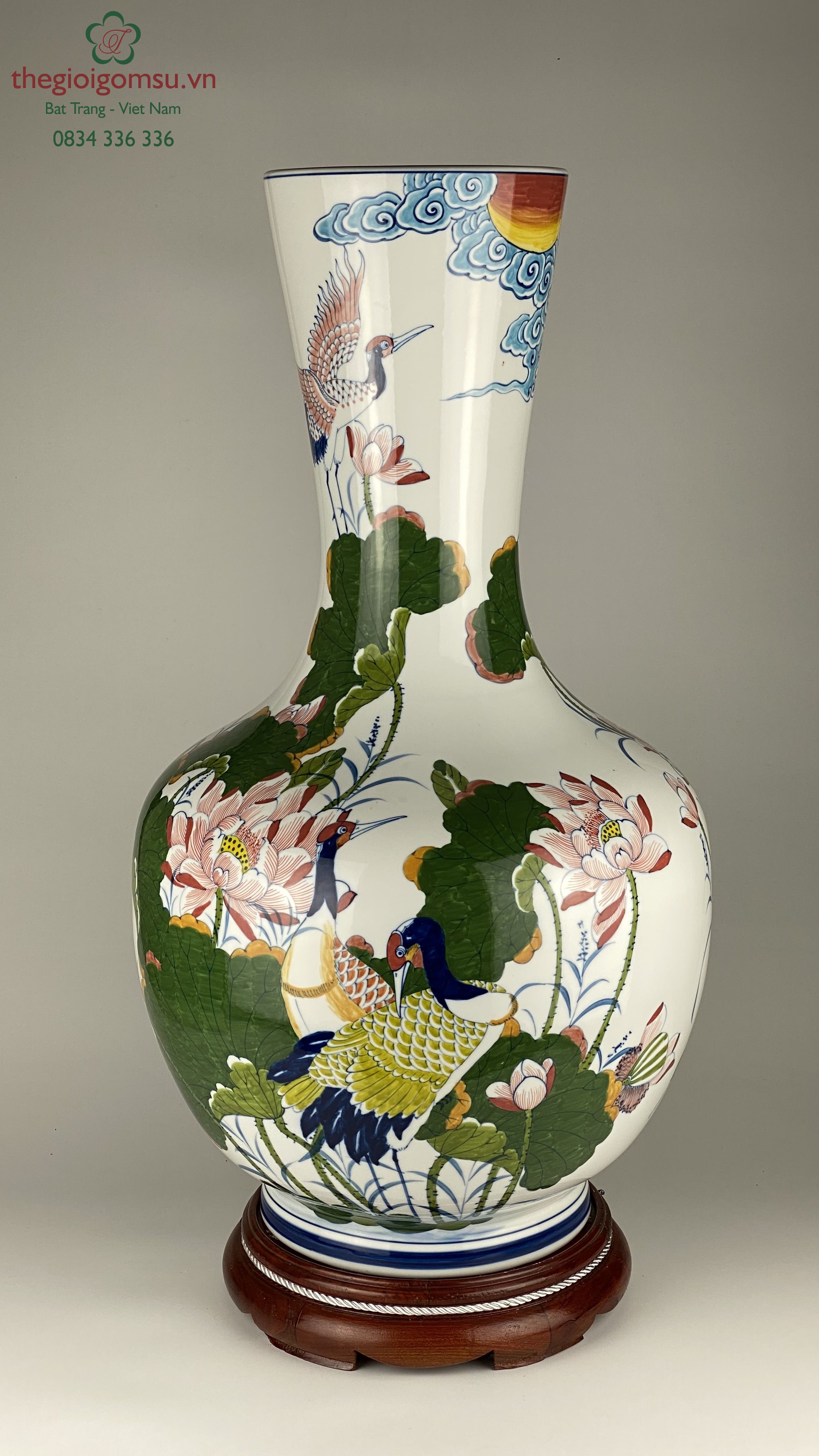 Bình phong thủy hình tỏi "Chim hạc hoa sen" nền trắng tuyết