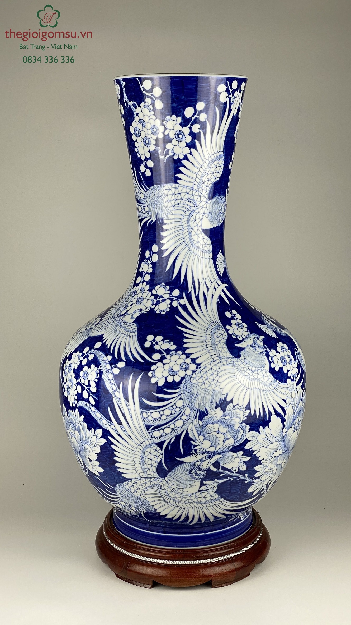 bình tỏi phong thủy "Chim công phượng hoa đào" men xanh lam