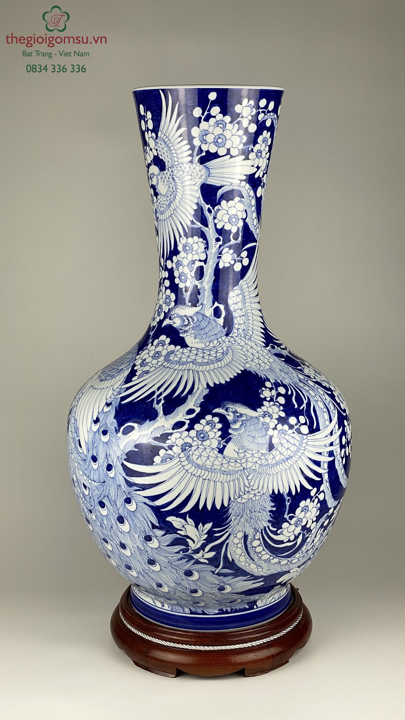 bình tỏi phong thủy "Chim công phượng hoa đào" men xanh lam