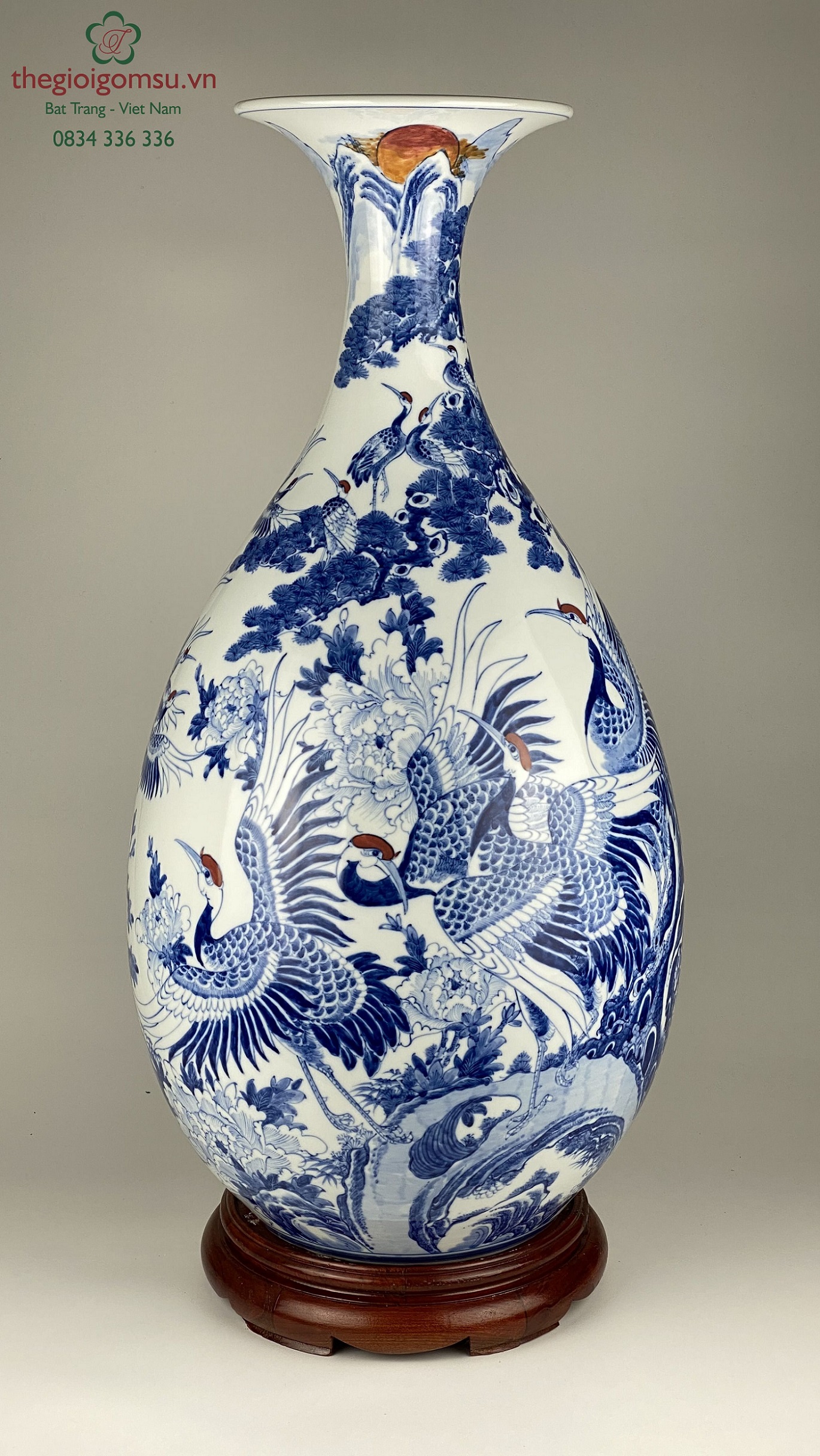 Bình Tỳ Bà "tùng hạc diên niên" men lam xanh