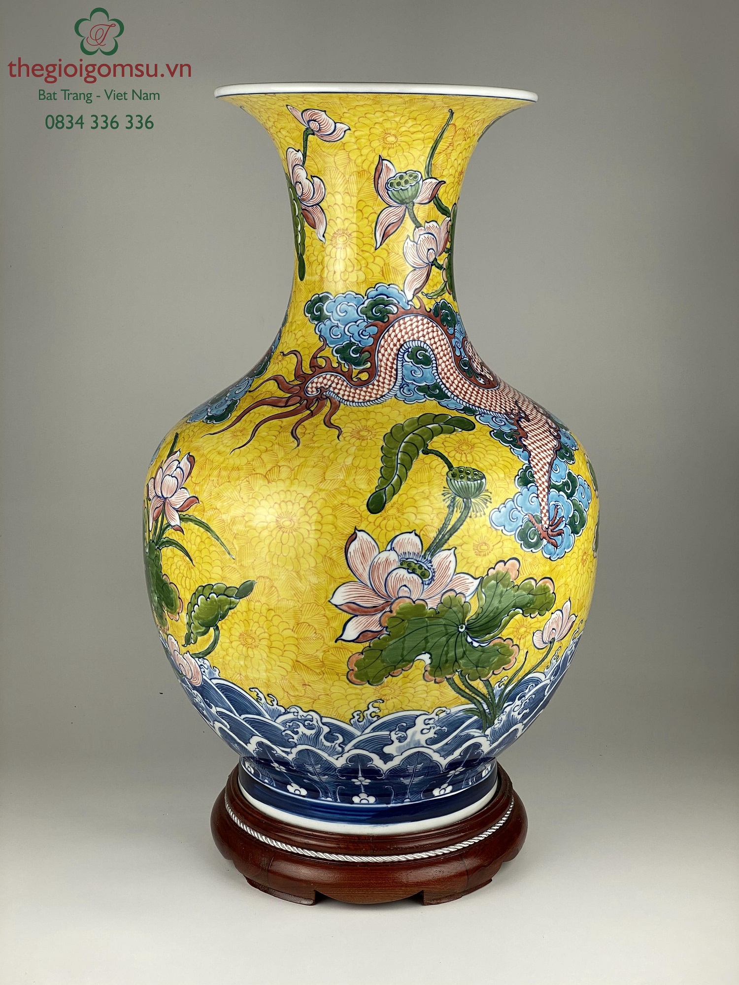 Bình tỏi phong thủy "Cá chép hóa rồng" nền vàng đại cát