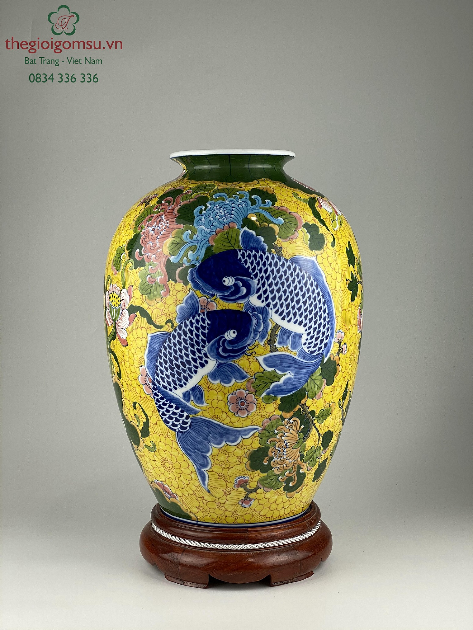 Bình hoa dáng vò "vẽ cá chép bách hoa" nền vàng đại cát