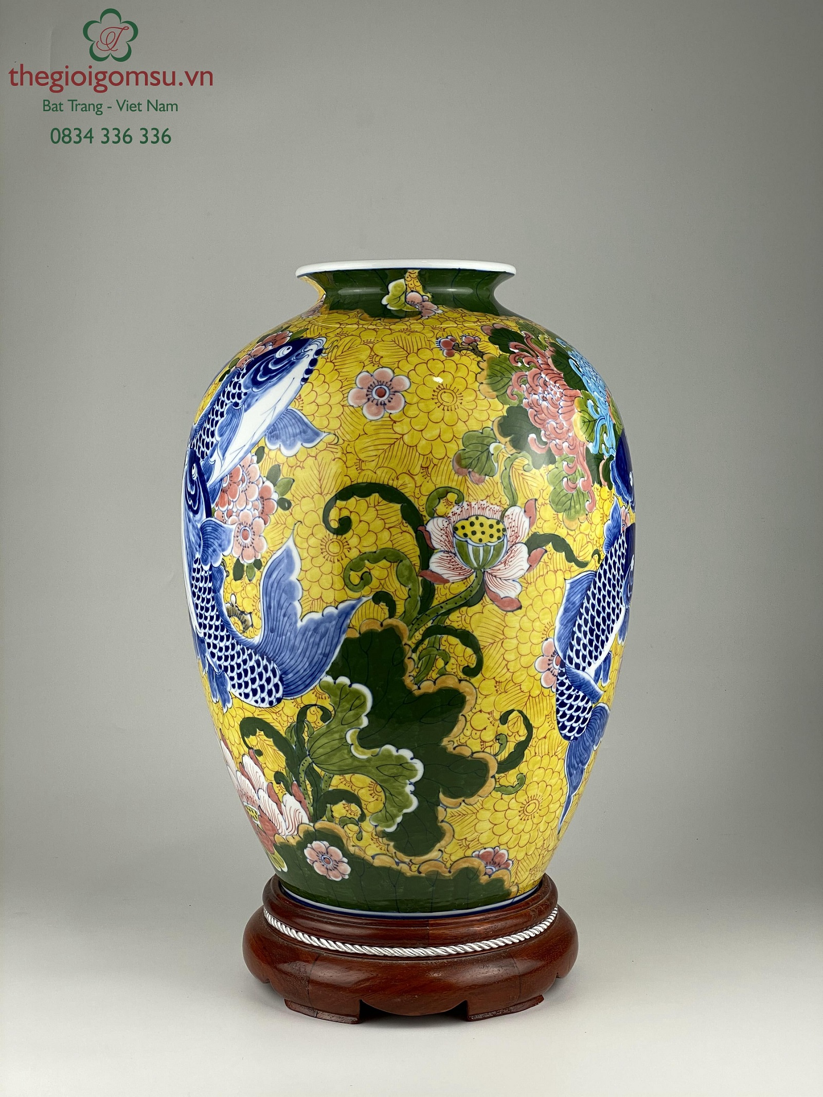 Bình hoa dáng vò "vẽ cá chép bách hoa" nền vàng đại cát