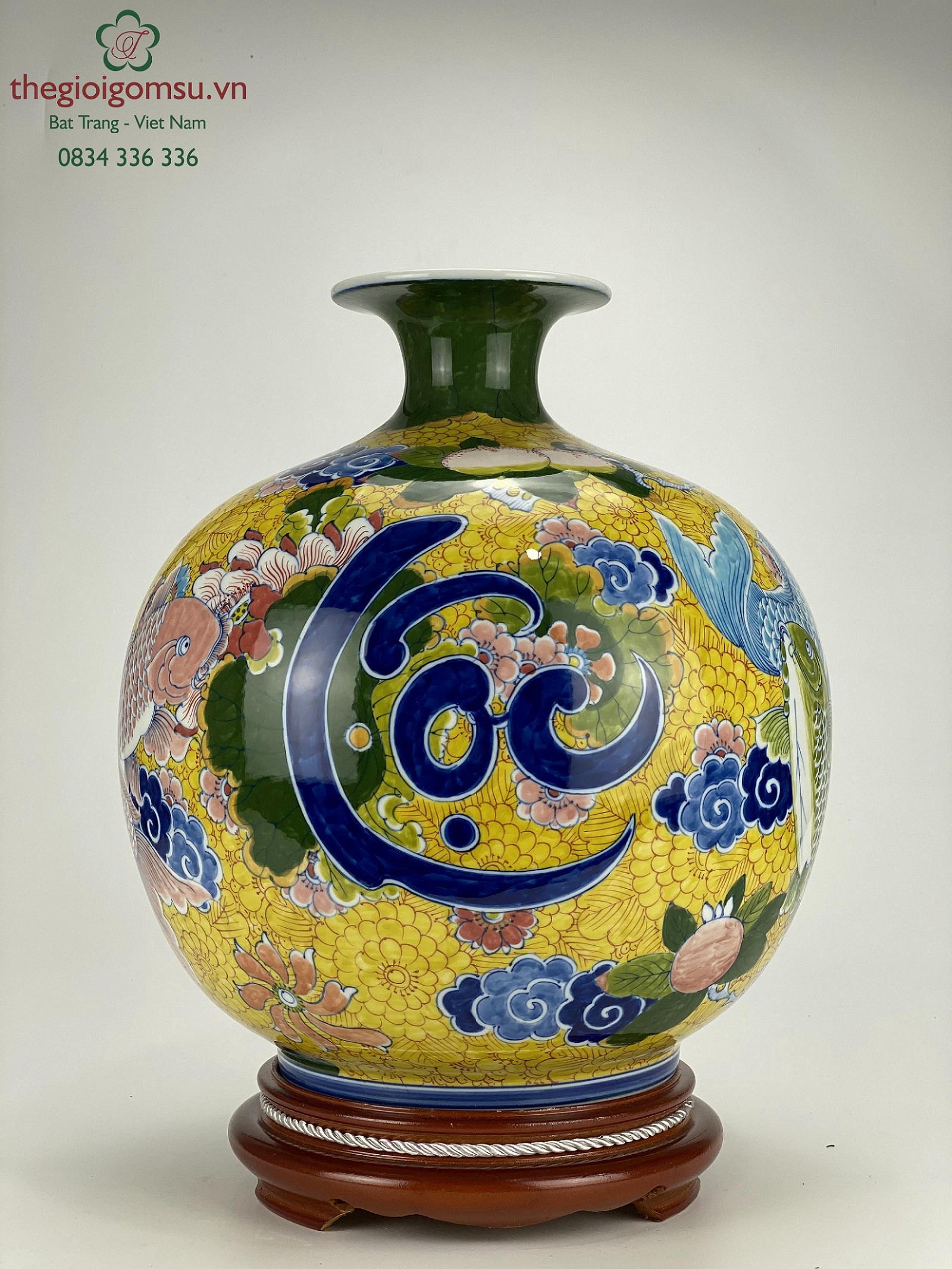 Bình hút tài lộc "Cá chép liên hoa chữ lộc" nền vàng đại cát