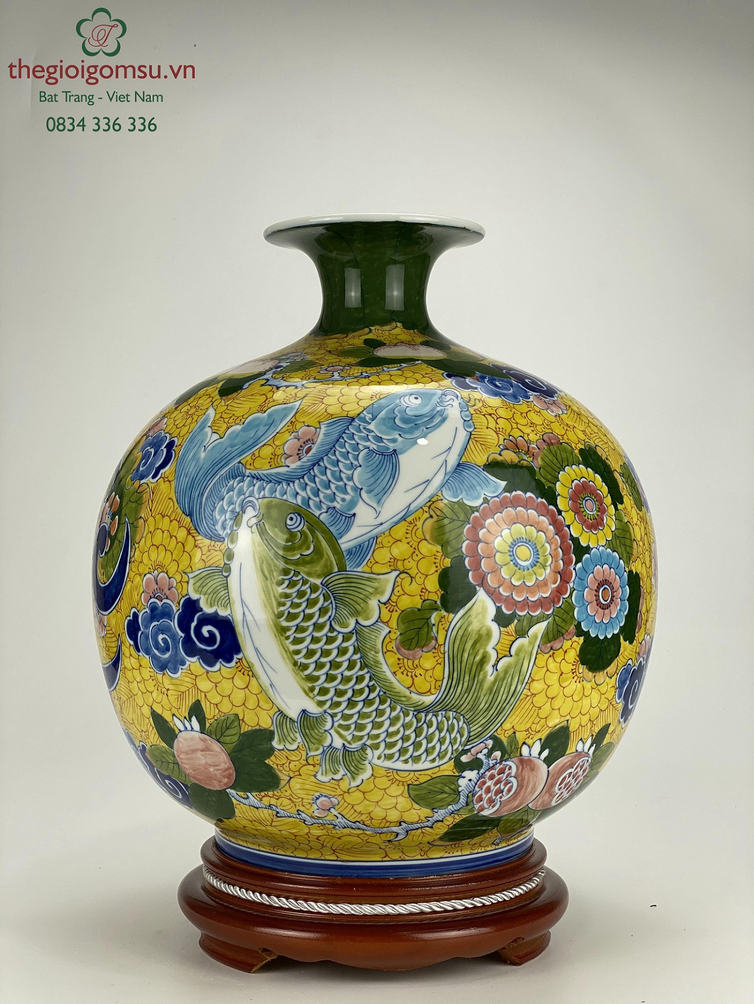 Bình hút tài lộc "Cá chép liên hoa chữ lộc" nền vàng đại cát