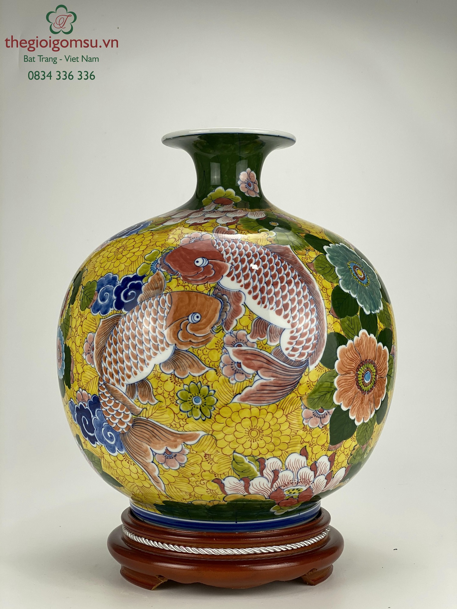 Bình hút tài lộc "Cá chép liên hoa chữ lộc" nền vàng đại cát