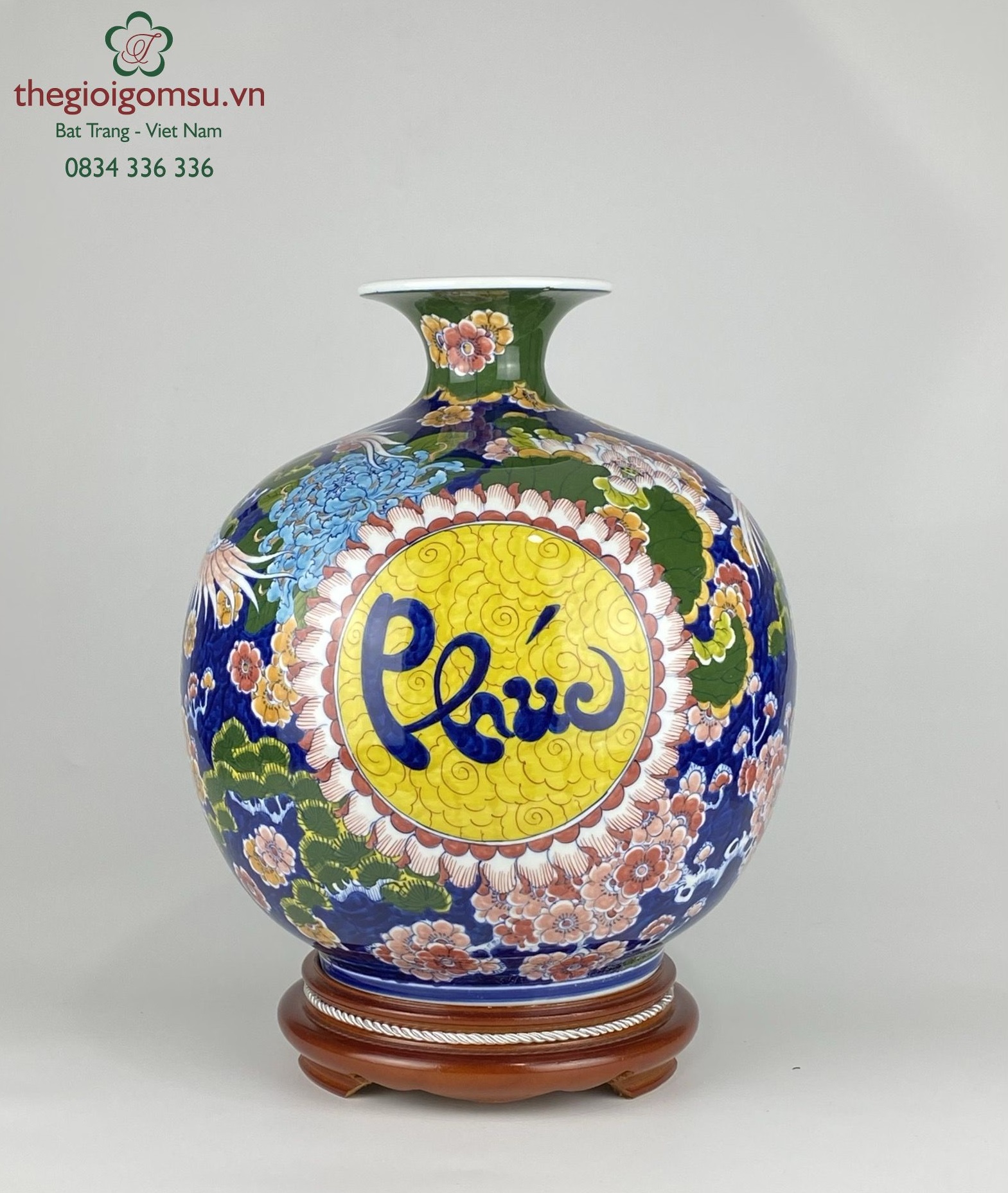 Bình hút tài lộc "Chim Hạc Chữ Phúc" nền xanh lục bảo