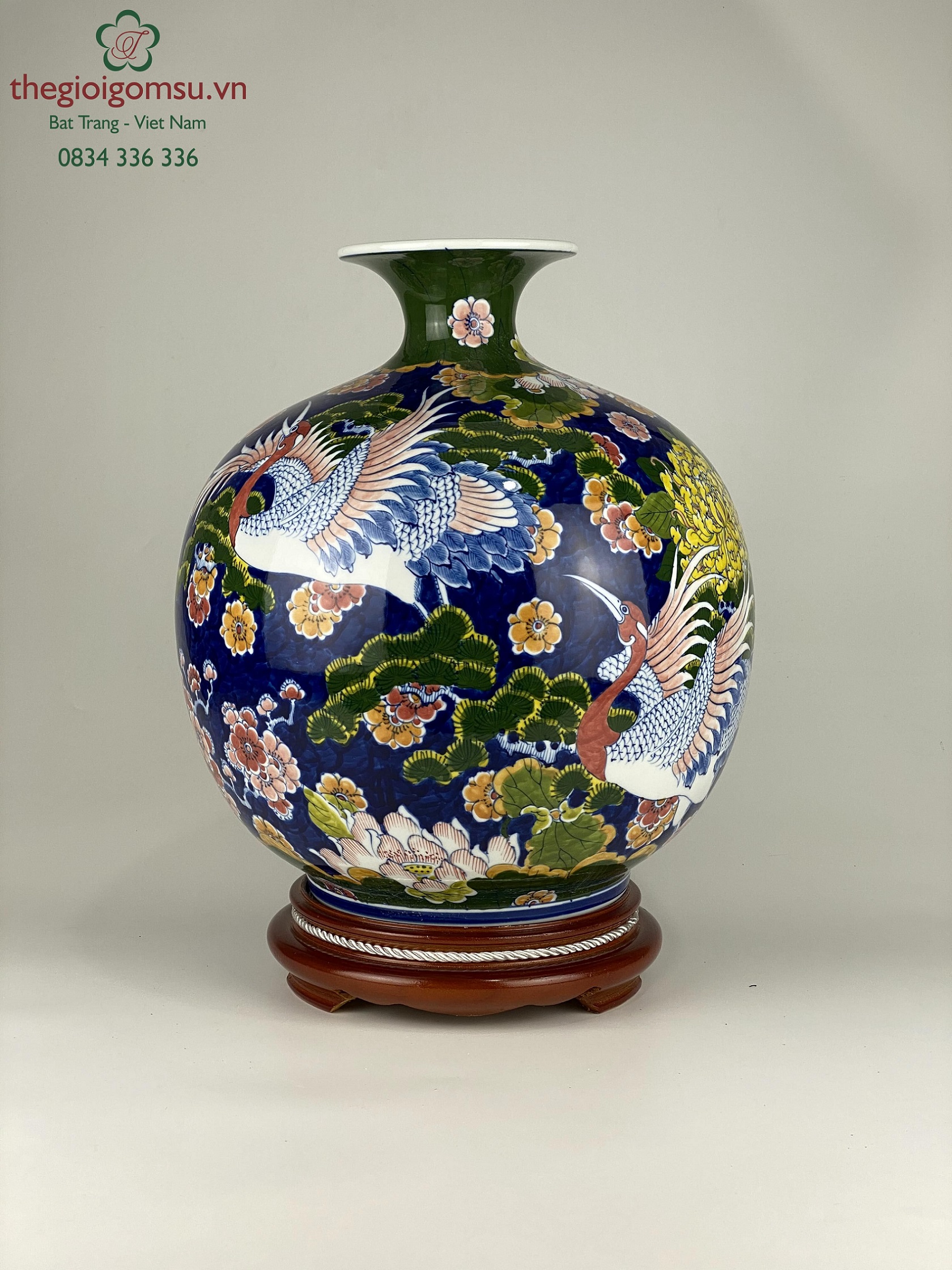 Bình hút tài lộc "Chim Hạc Chữ Phúc" nền xanh lục bảo