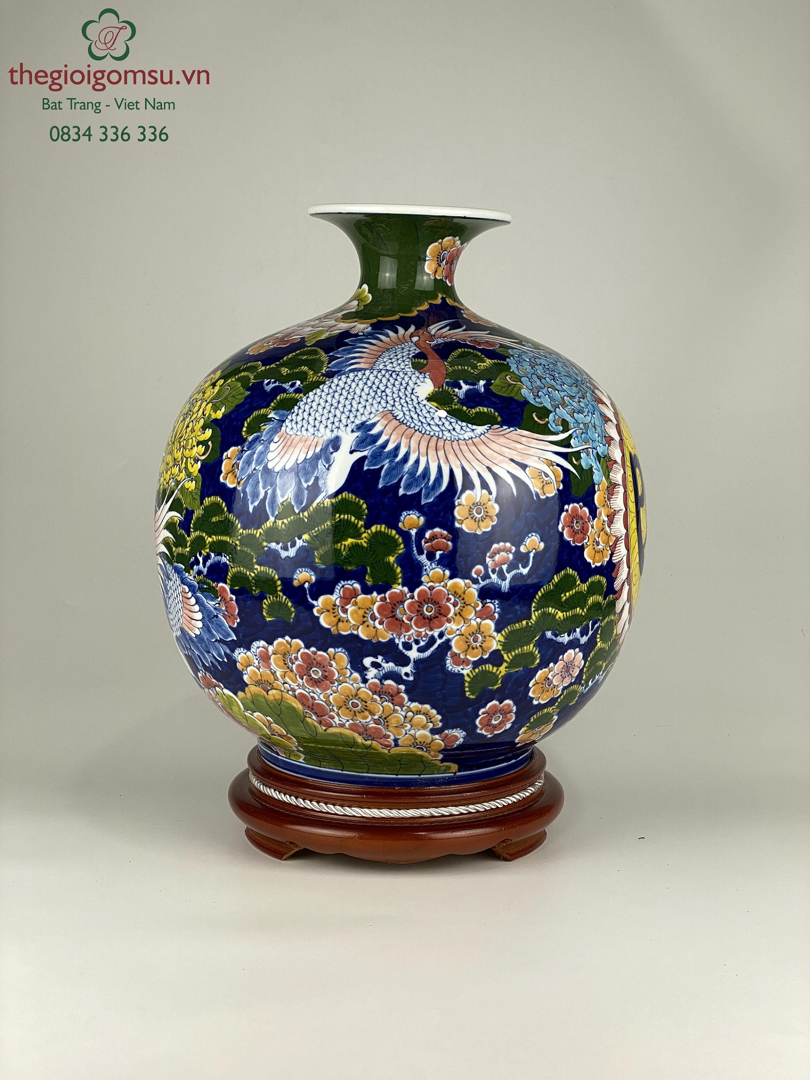 Bình hút tài lộc "Chim Hạc Chữ Phúc" nền xanh lục bảo