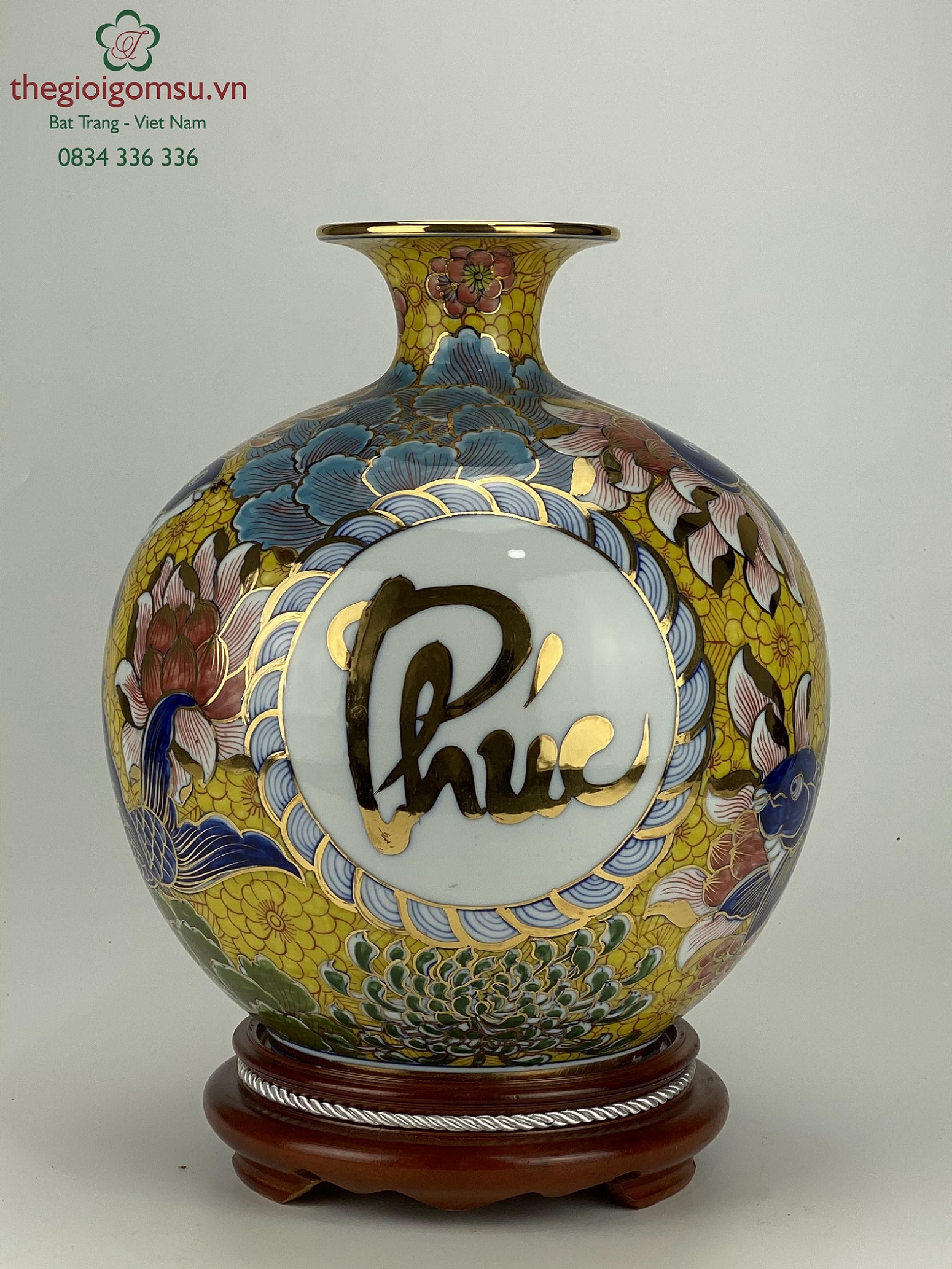 Bình hút tài lộc "Cá chép liên hoa chữ phúc" vẽ vàng