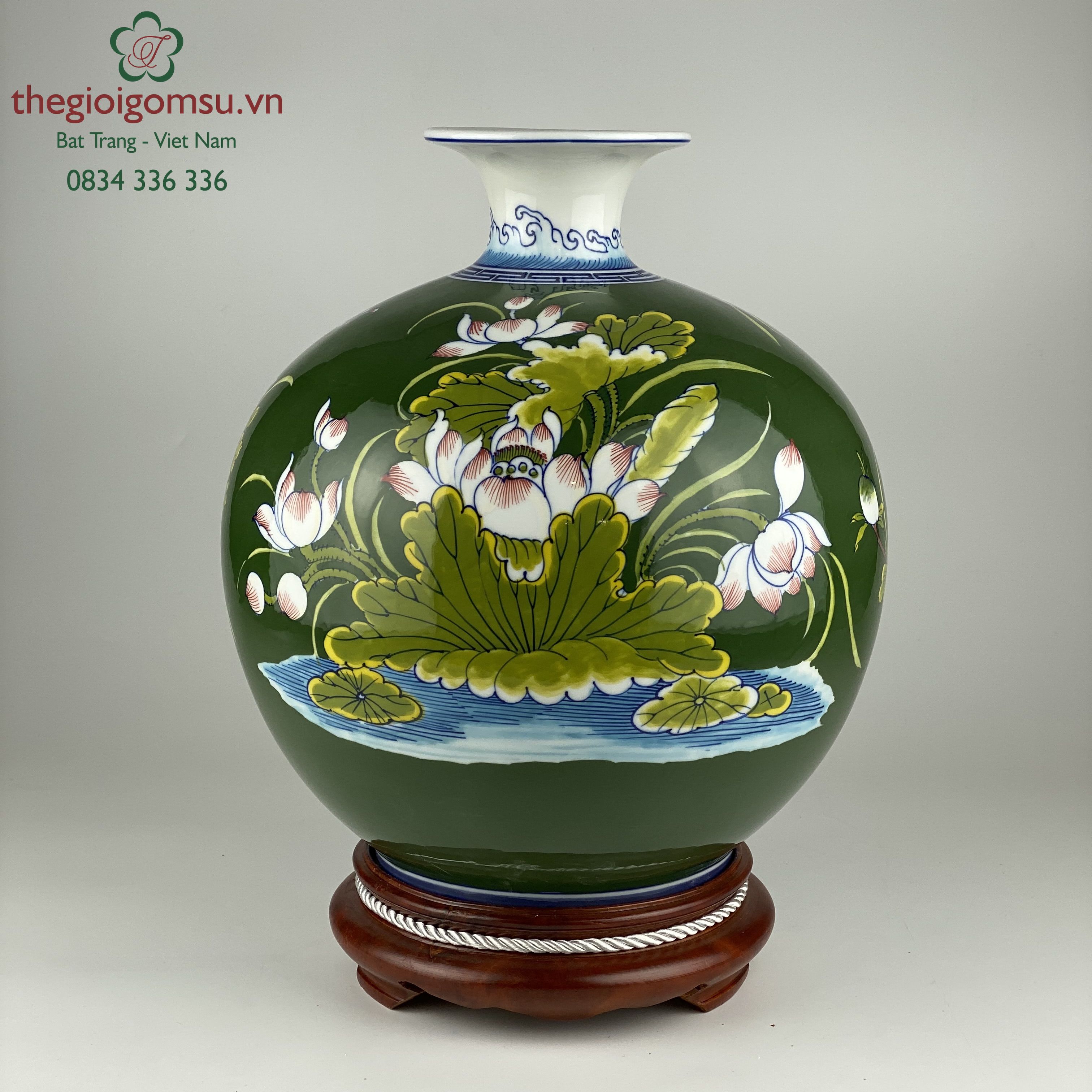 Bình hút tài lộc "Công thành danh toại hoa sen" nền xanh lục bảo